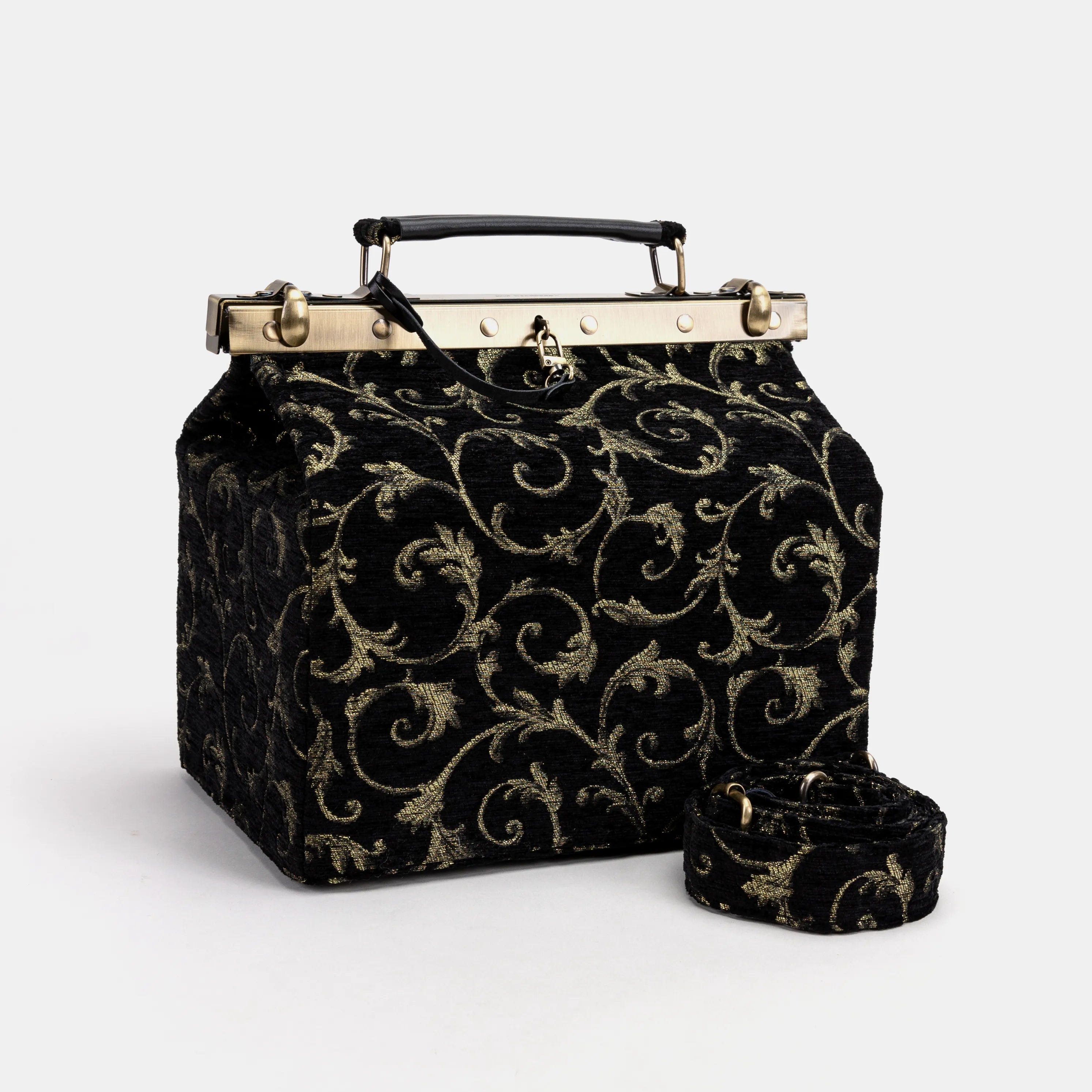 Vintage Scroll Black Green Vivienne Carpet Purse Gladstone Bag of America with shoulder strap