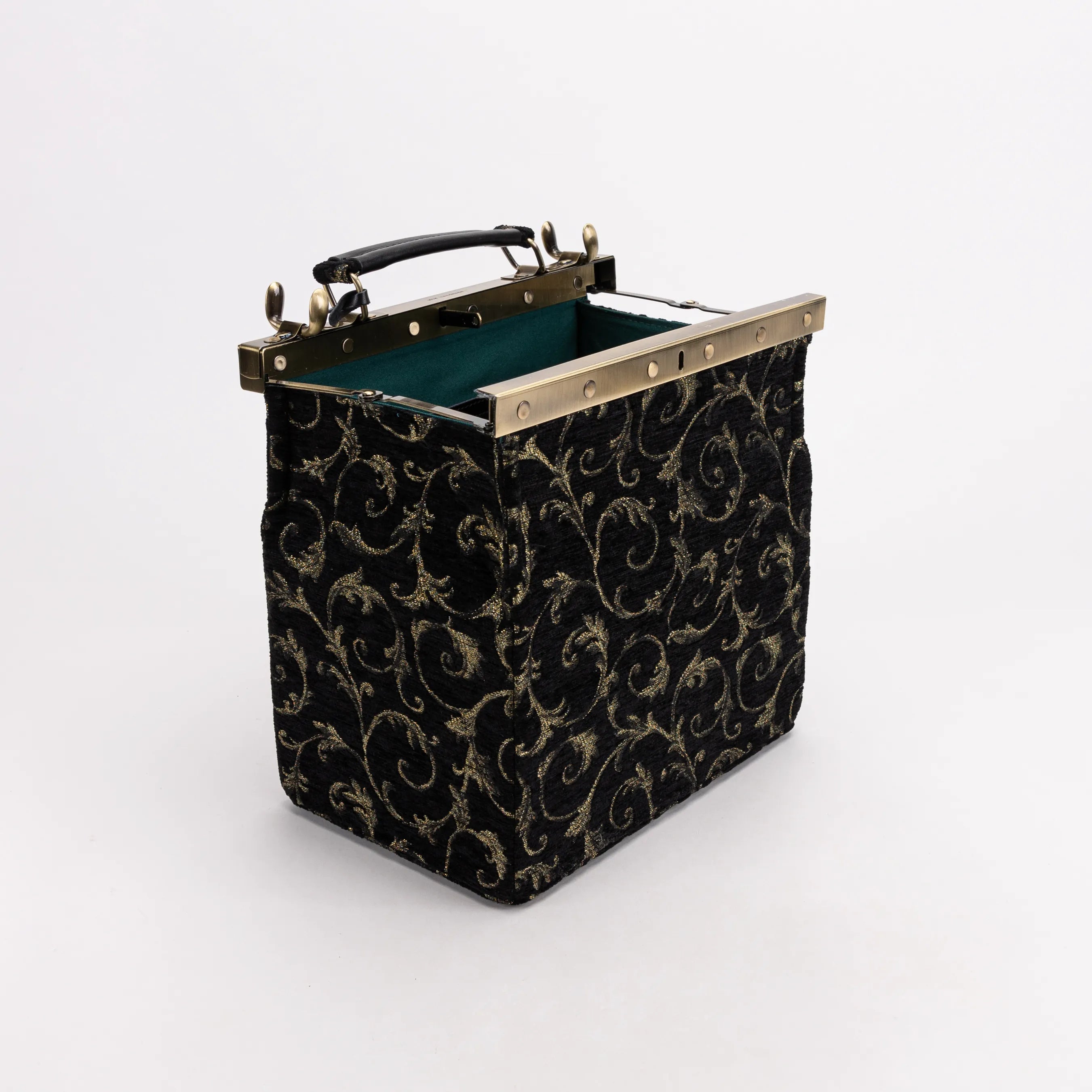 Vintage Scroll Black Green Vivienne Carpet Purse Gladstone Bag of America open and stand