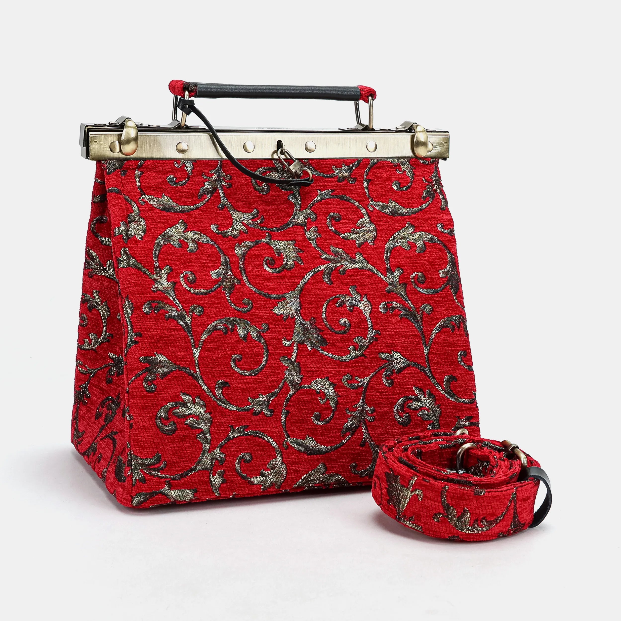 Vintage Scroll Red Cecile Carpet Purse Gladstone Bag of America with shoulder strap