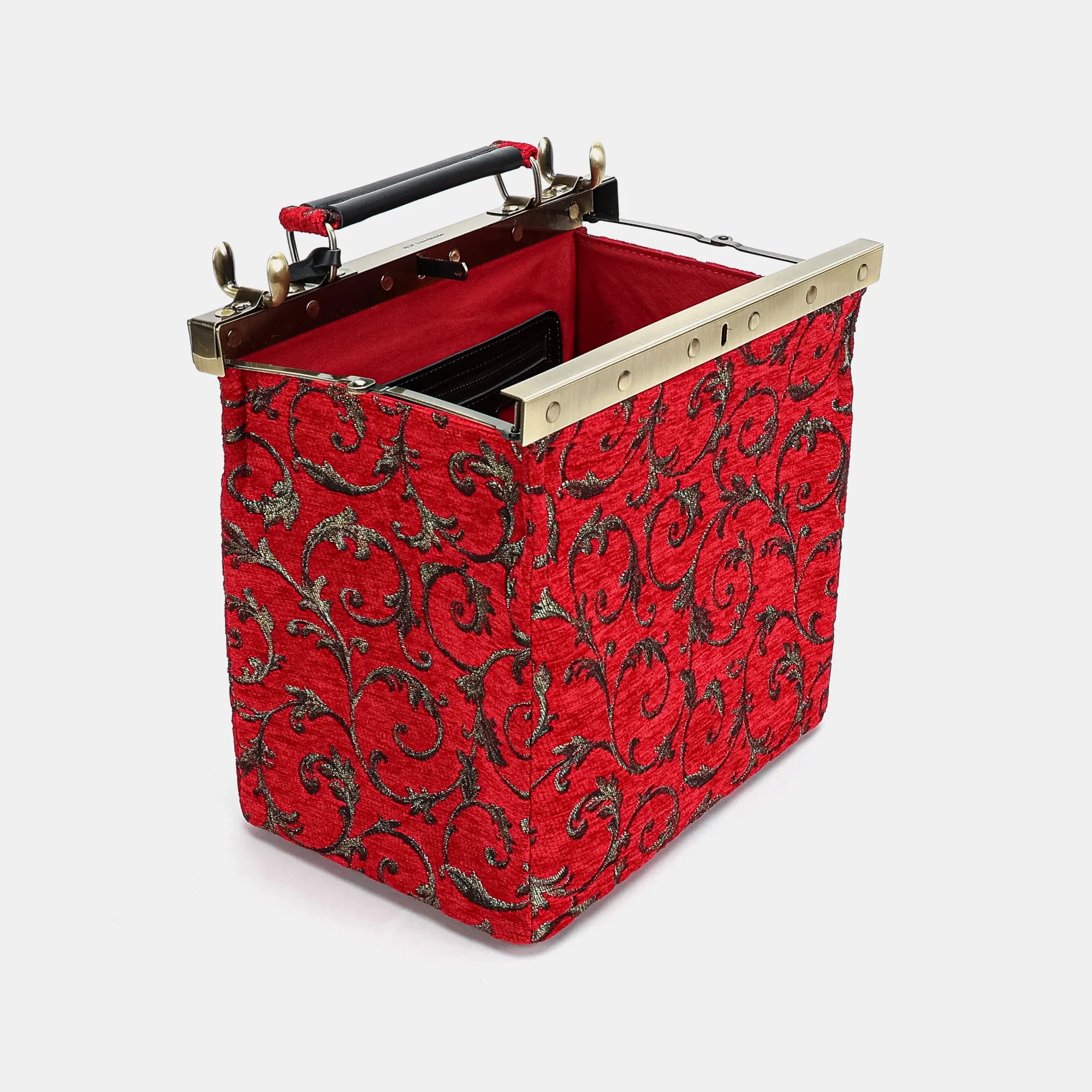 Vintage Scroll Red Cecile Carpet Purse Gladstone Bag of America open and stand