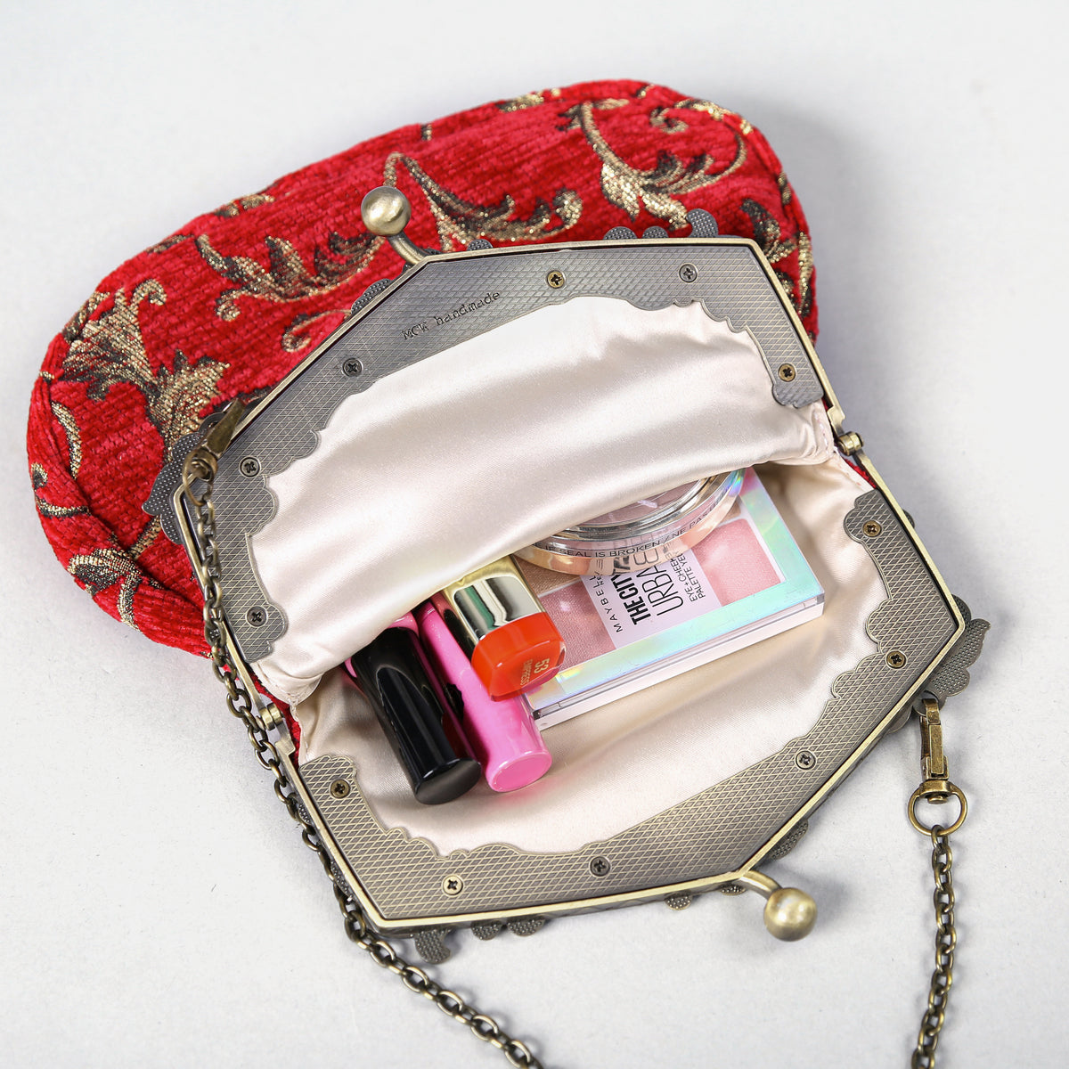 Vintage Scroll Red Chatelaine Purse Large carpet bag of America in use