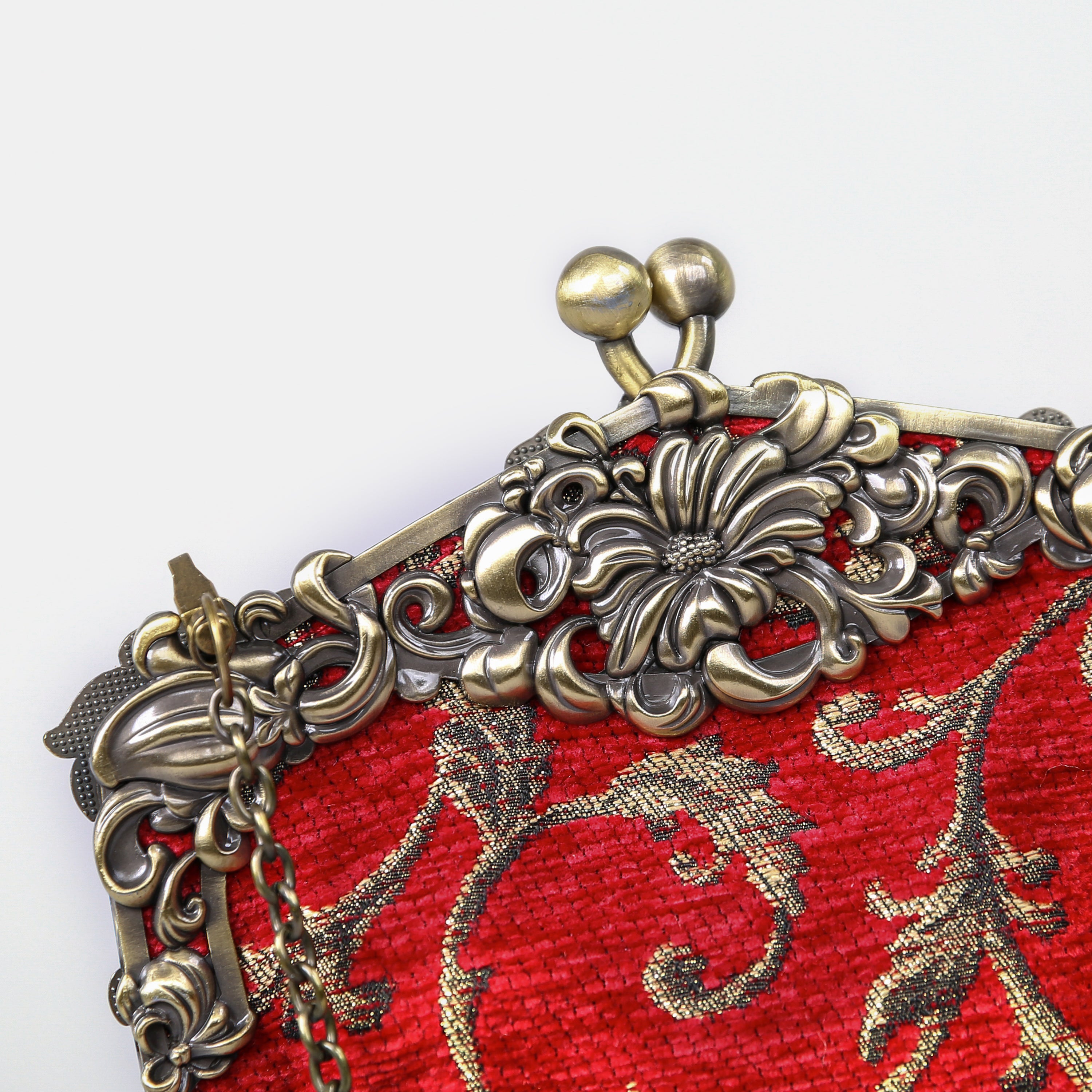 Vintage Scroll Red Chatelaine Purse Large carpet bag of America detail
