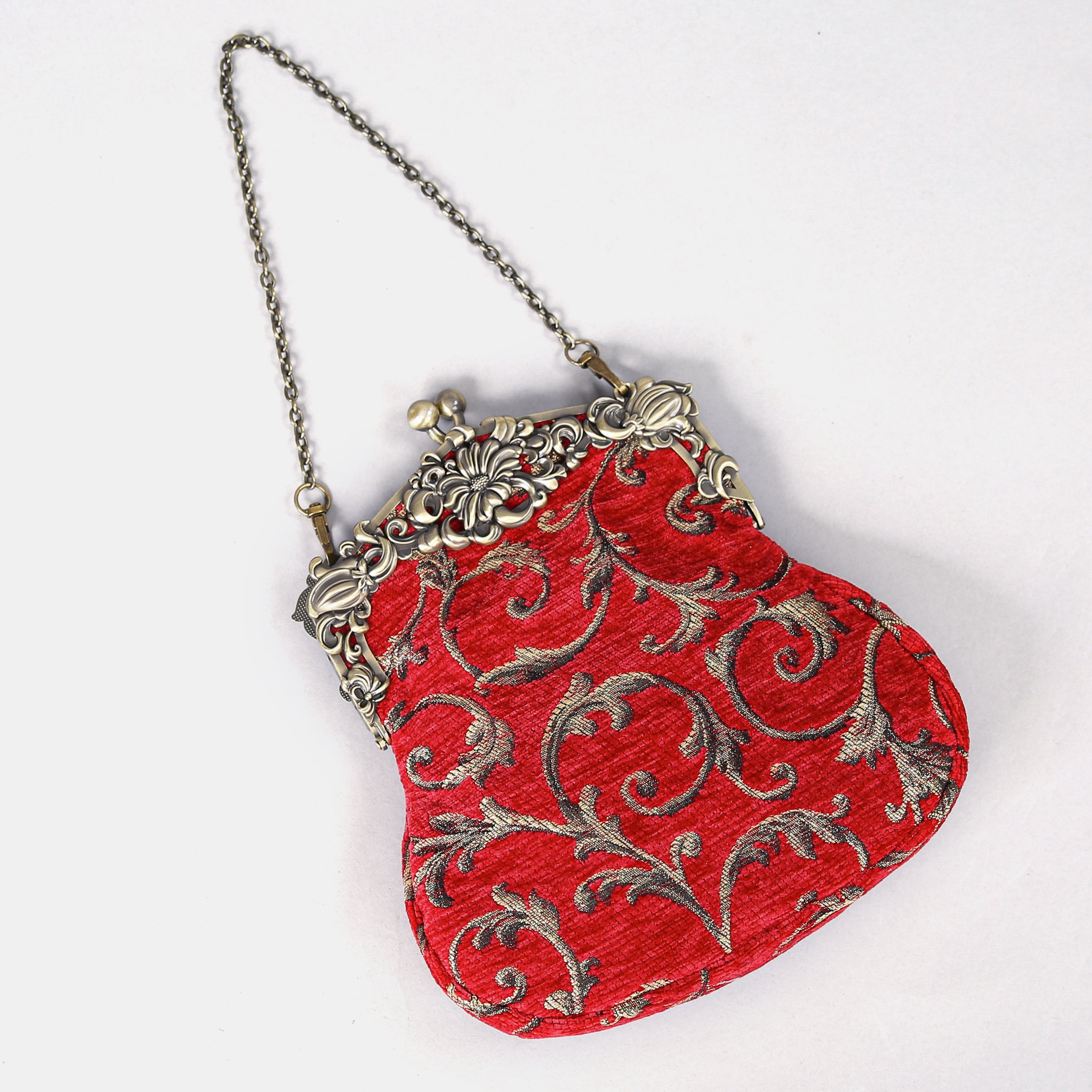 Vintage Scroll Red Chatelaine Purse Large carpet bag of America lay flat