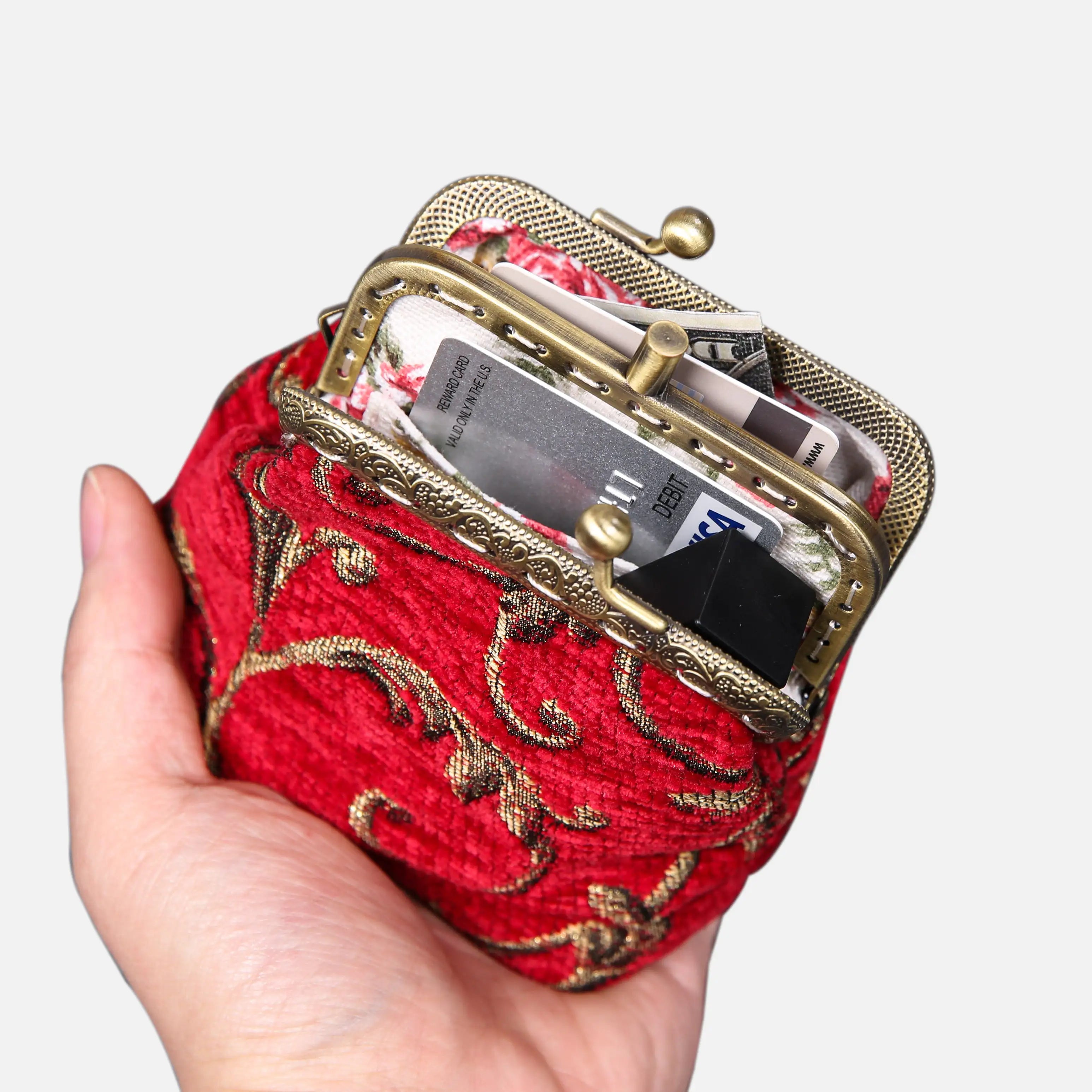 Vintage Scroll Red Double Kiss Clasp Coin Purse of America in use-1