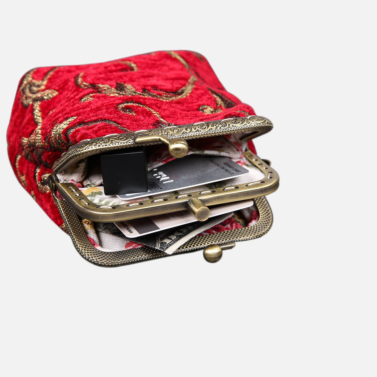 Vintage Scroll Red Double Kiss Clasp Coin Purse of America in use-4
