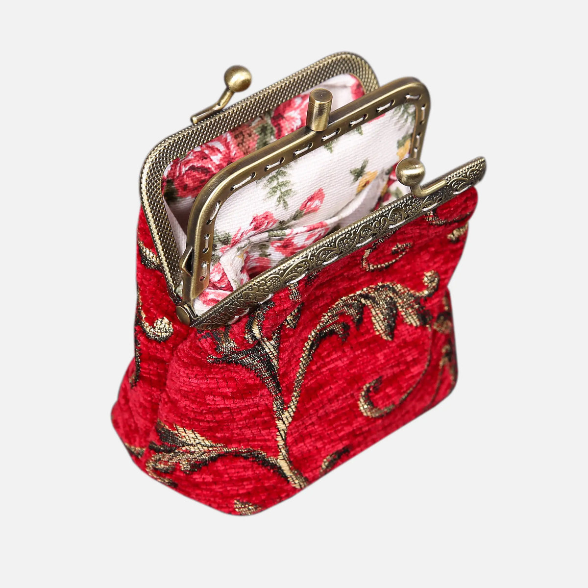 Vintage Scroll Red Double Kiss Clasp Coin Purse of America Front side opens-3