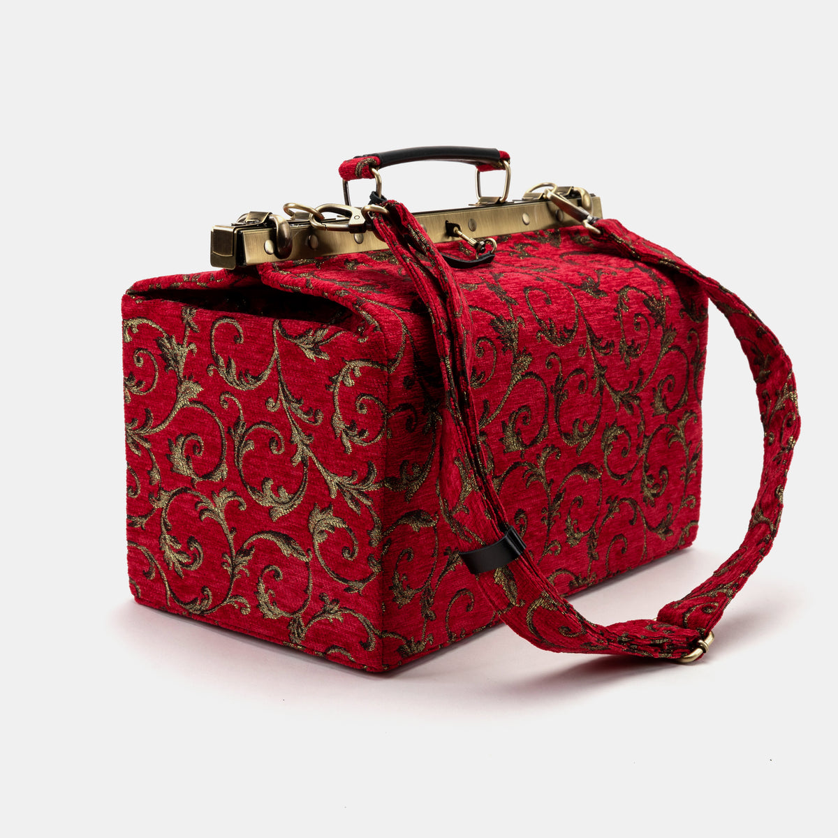 Vintage Scroll Red Genevieve Carpet Gladstone Bag of America with shoulder strap
