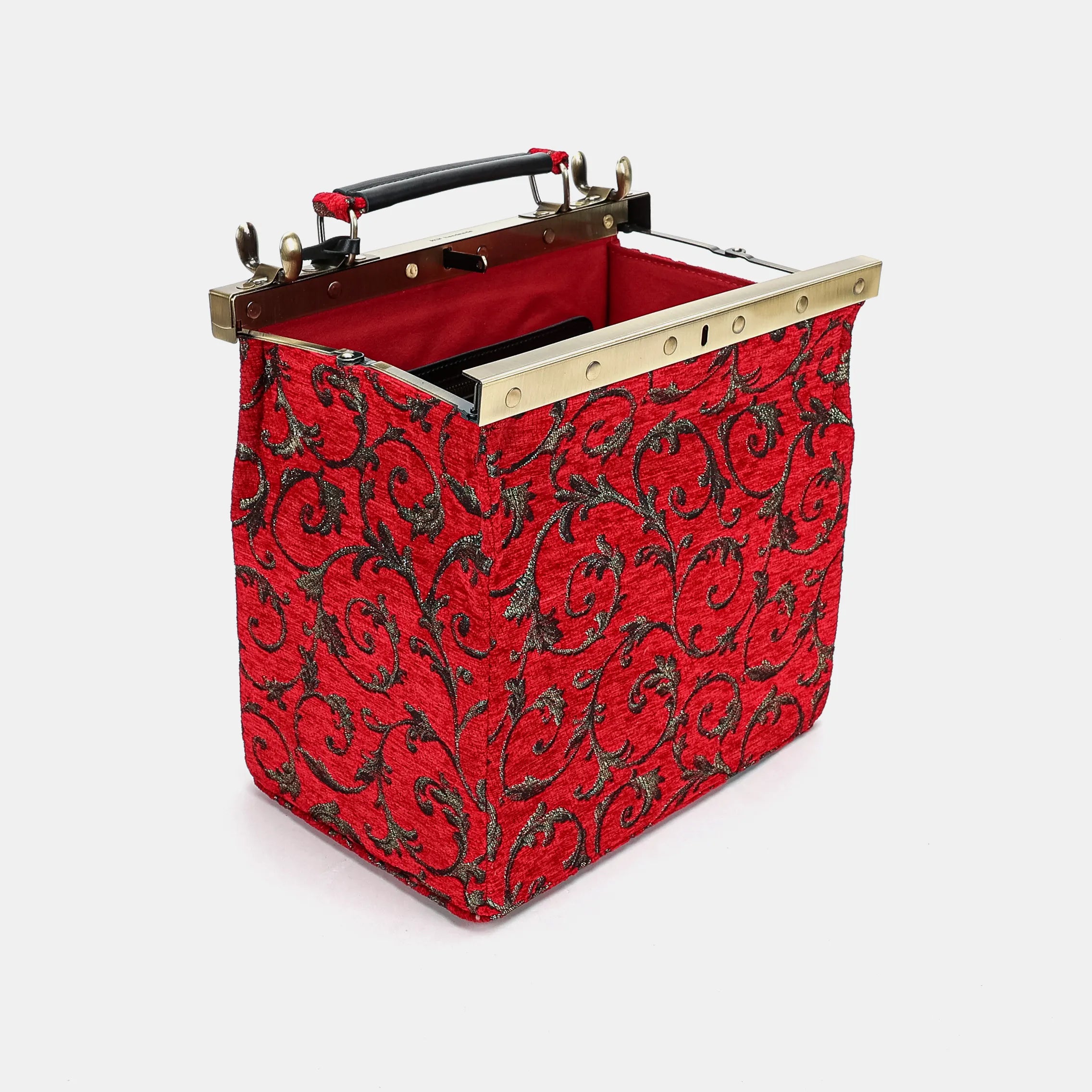 Vintage Scroll Red Vivienne Carpet Purse Gladstone Bag of America open and stand