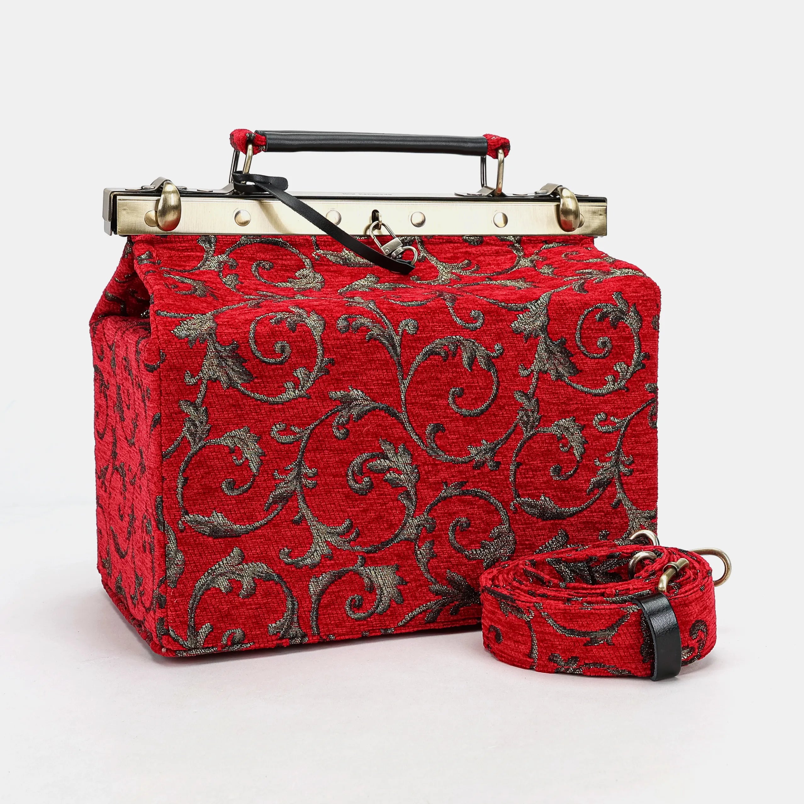 Vintage Scroll Red Vivienne Carpet Purse Gladstone Bag of America with shoudler strap