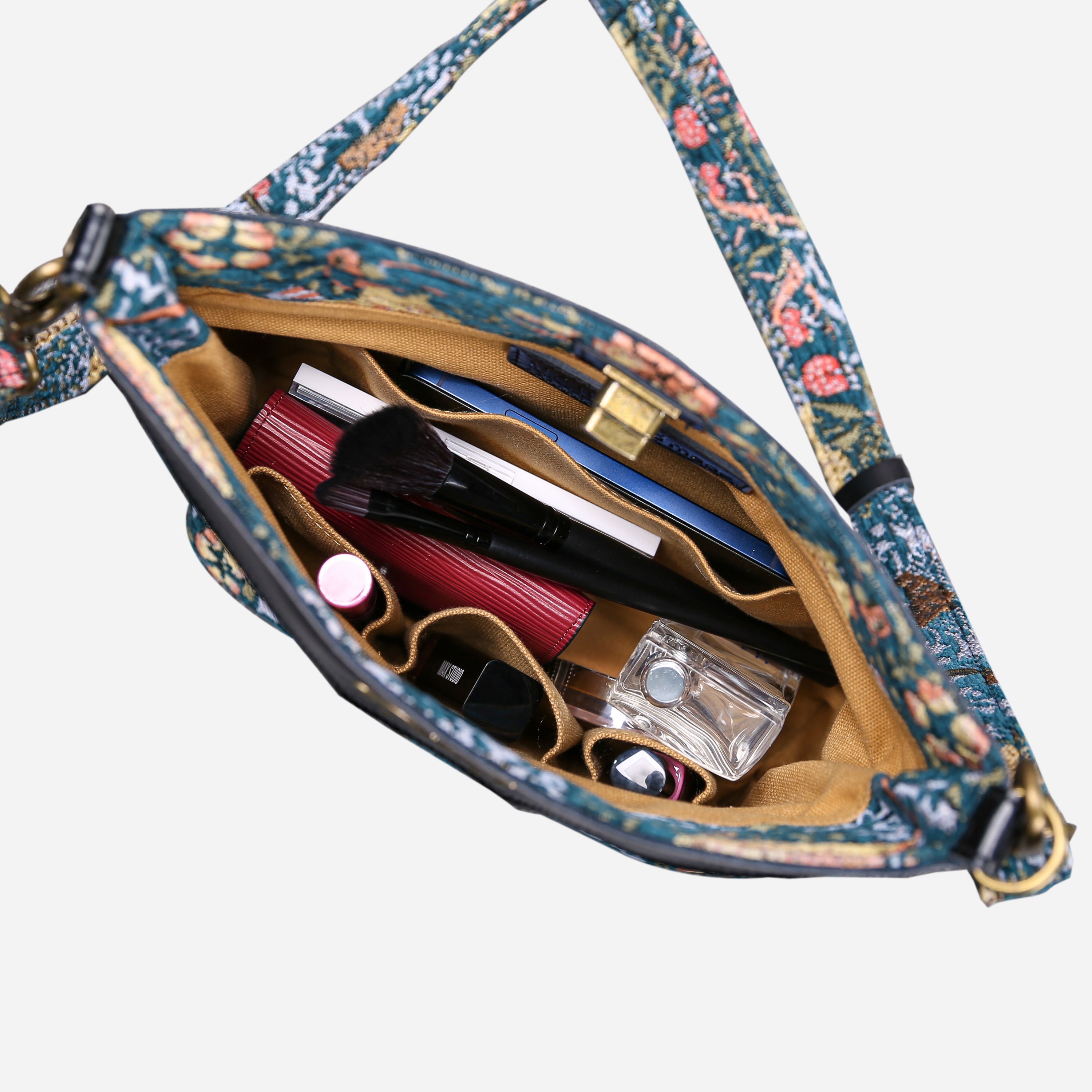 William Morris Strawberry Thief Carpet Crossbody Bag carpet bag MCW Handmade of America in use