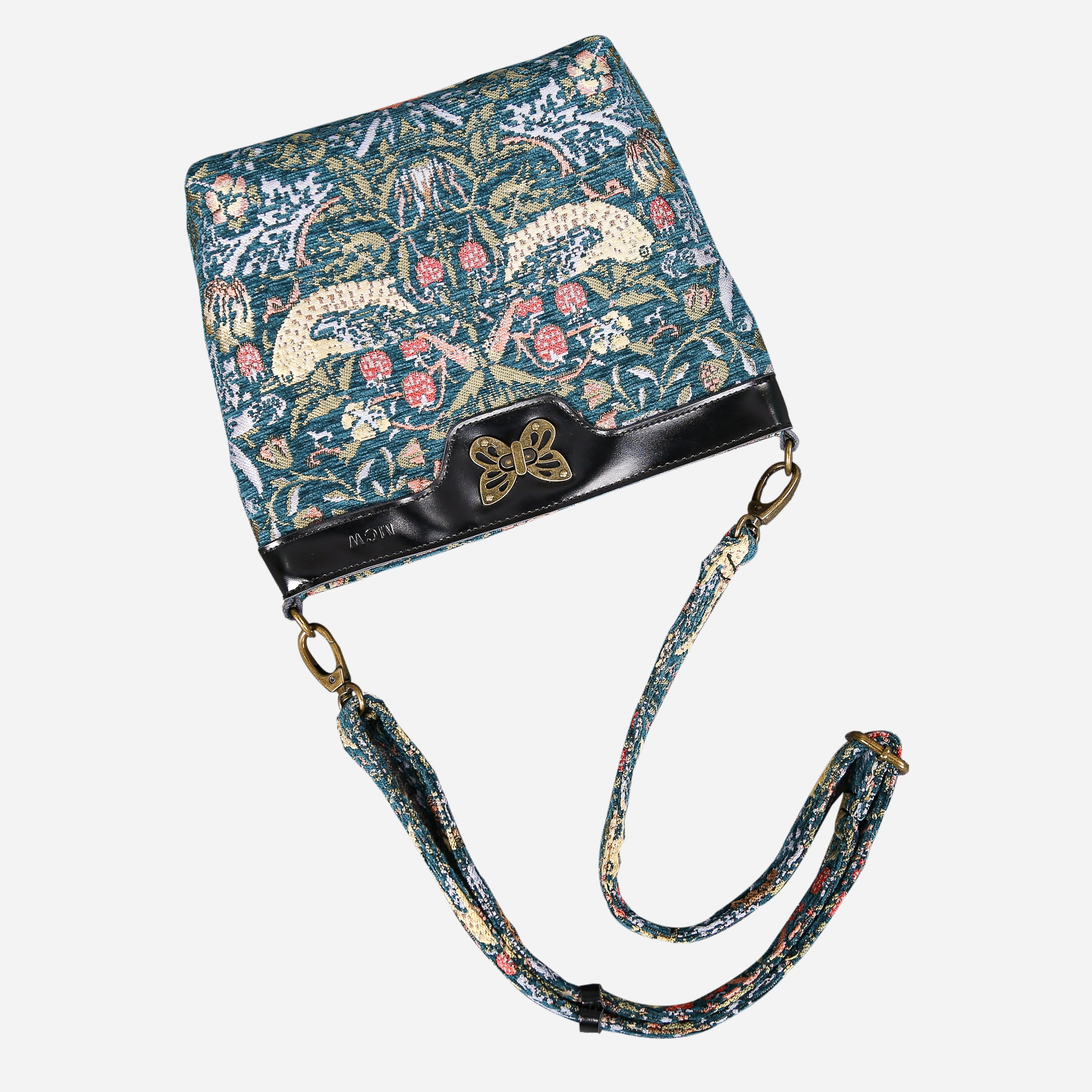 William Morris Strawberry Thief Carpet Crossbody Bag carpet bag MCW Handmade of America lay flat
