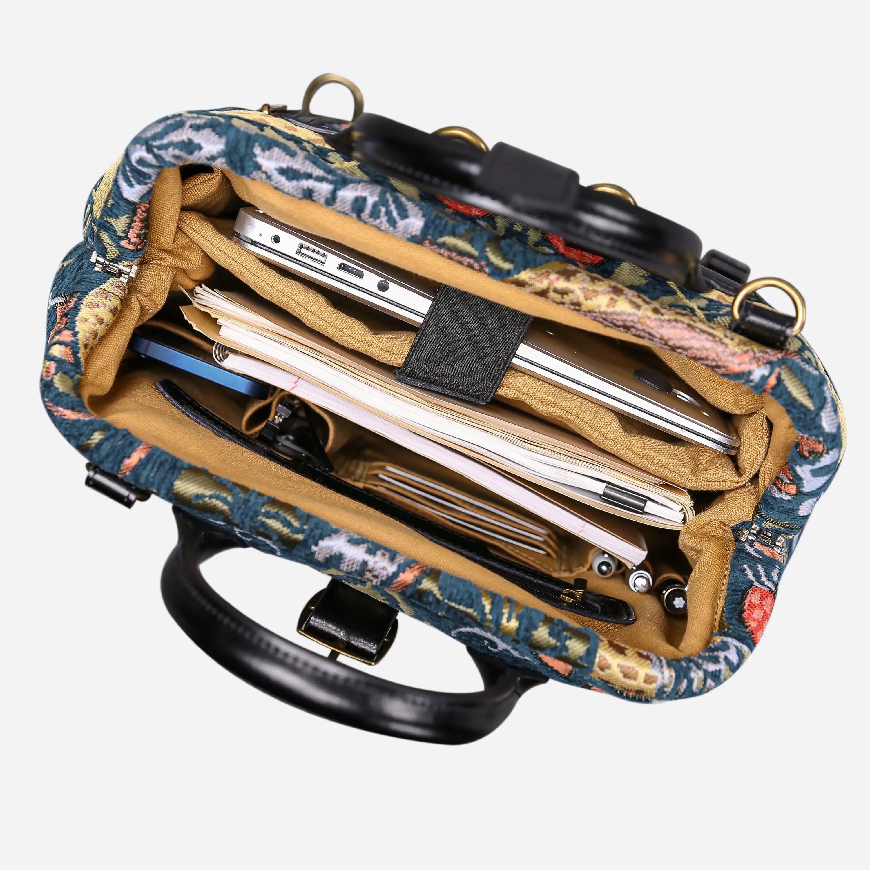 William Morris Strawberry Thief Carpet Laptop Backpack of America inside