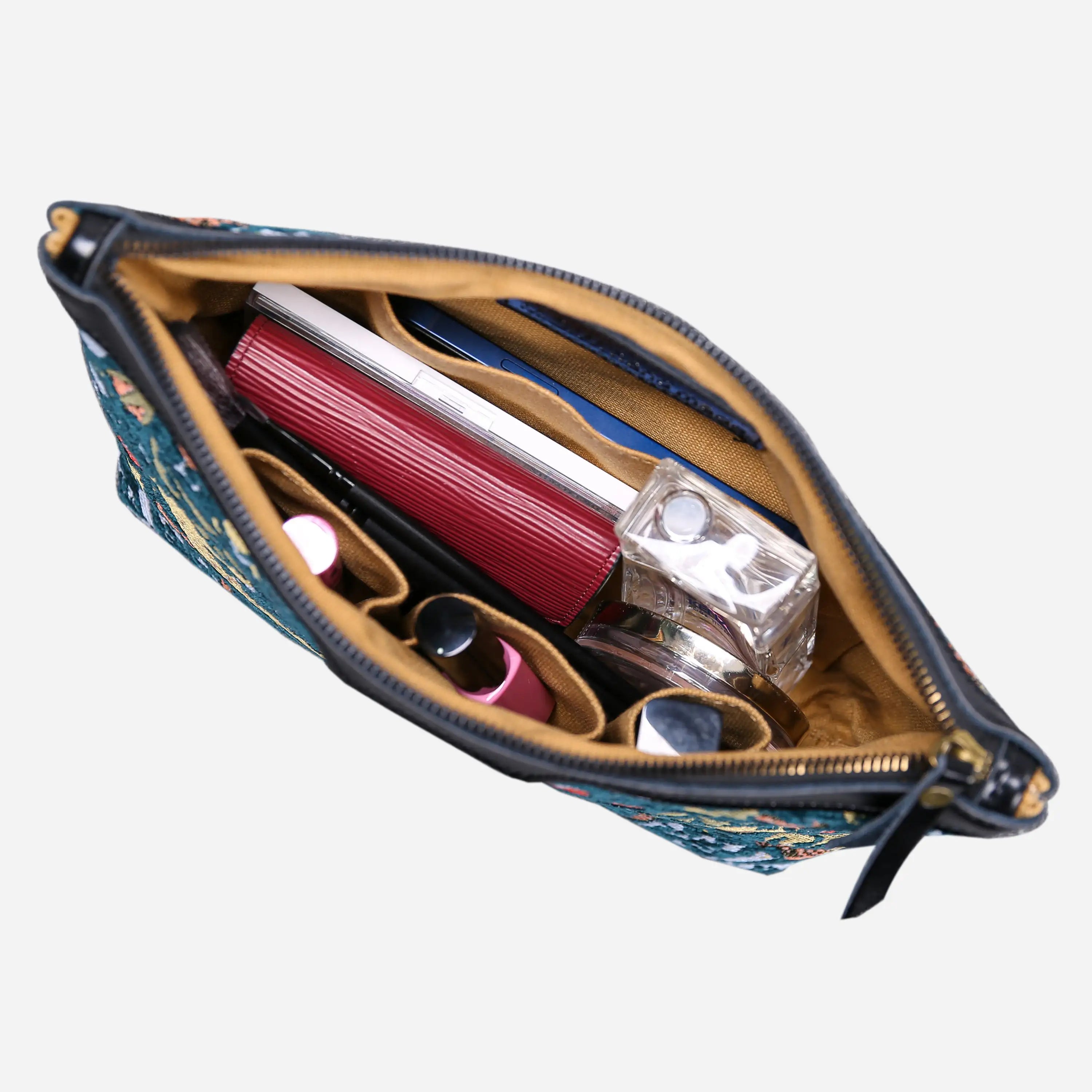 William Morris Strawberry Thief Carpet Makeup Bag Carpetbag of America in use