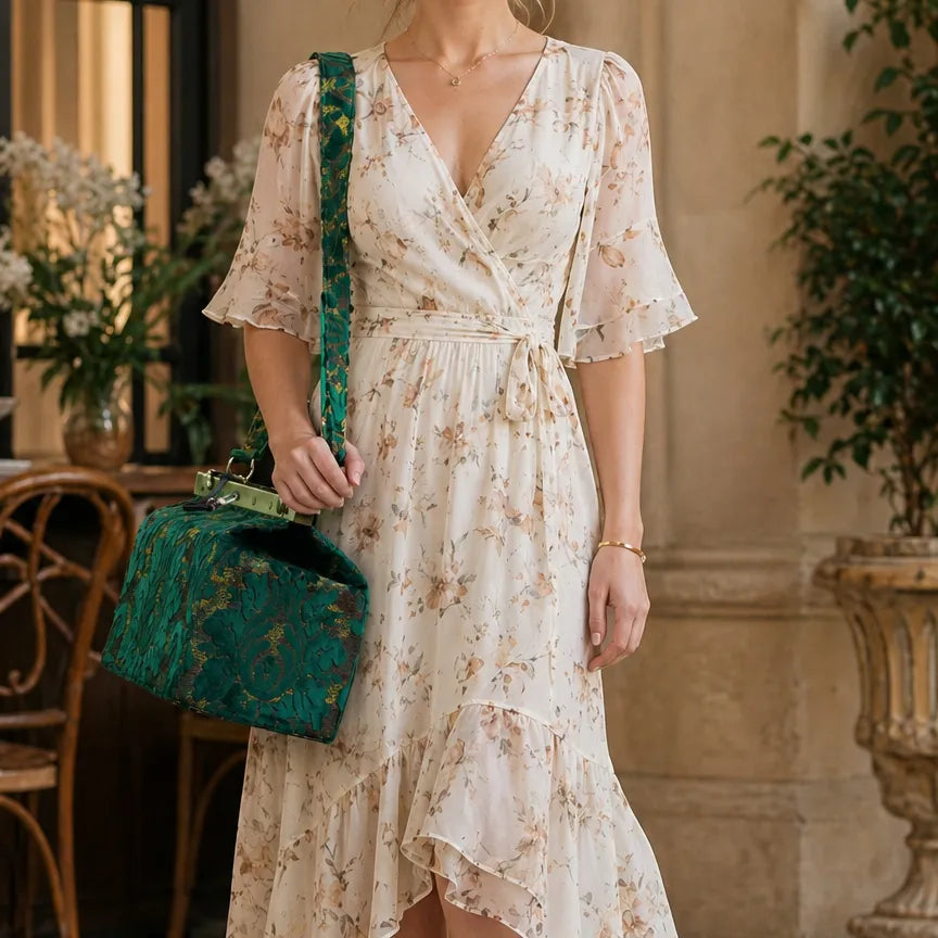 Woman wearing a floral dress carrying Burnout Velvet Jade Green Vivienne carpet purse gladstone bag crossbody
