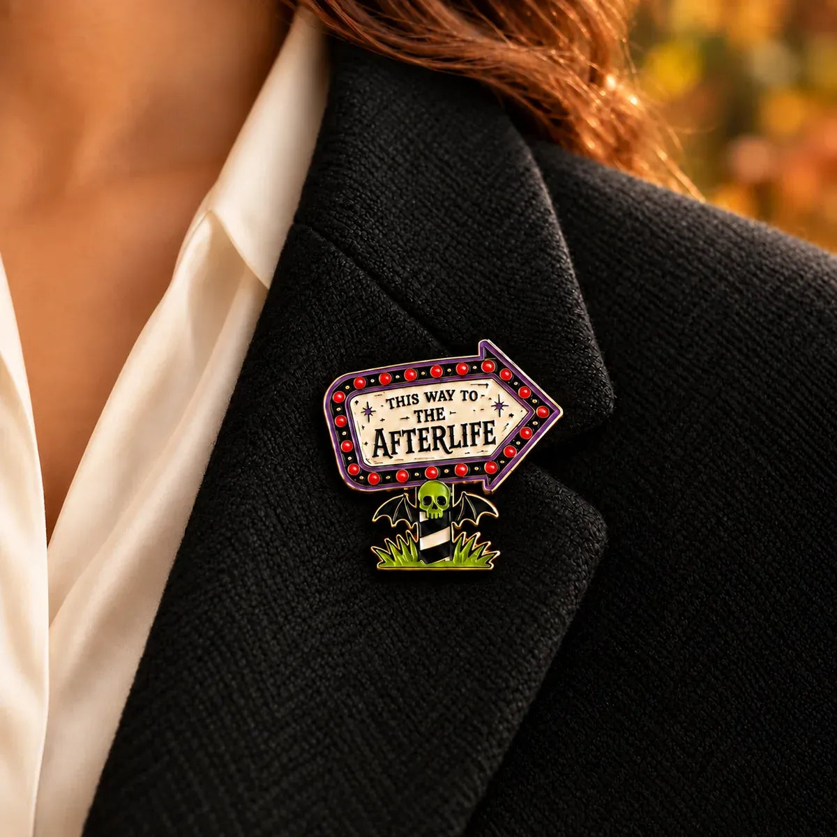 This Way to Afterlife Beetlejuice enamel brooch on black tweet jacket