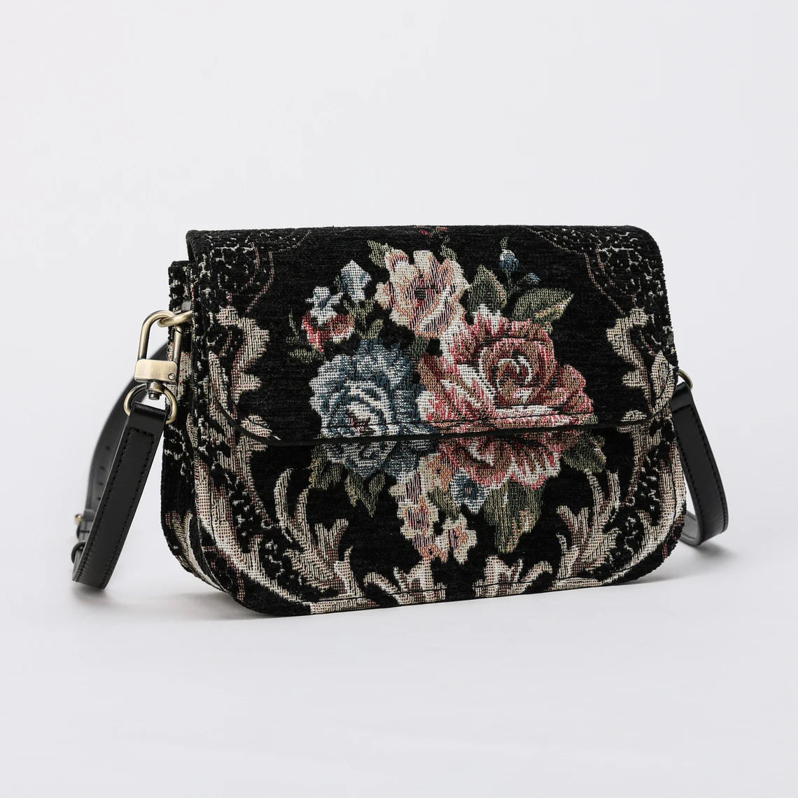 Floral Black Flap Crossbody Bag carpet bag MCW Handmade