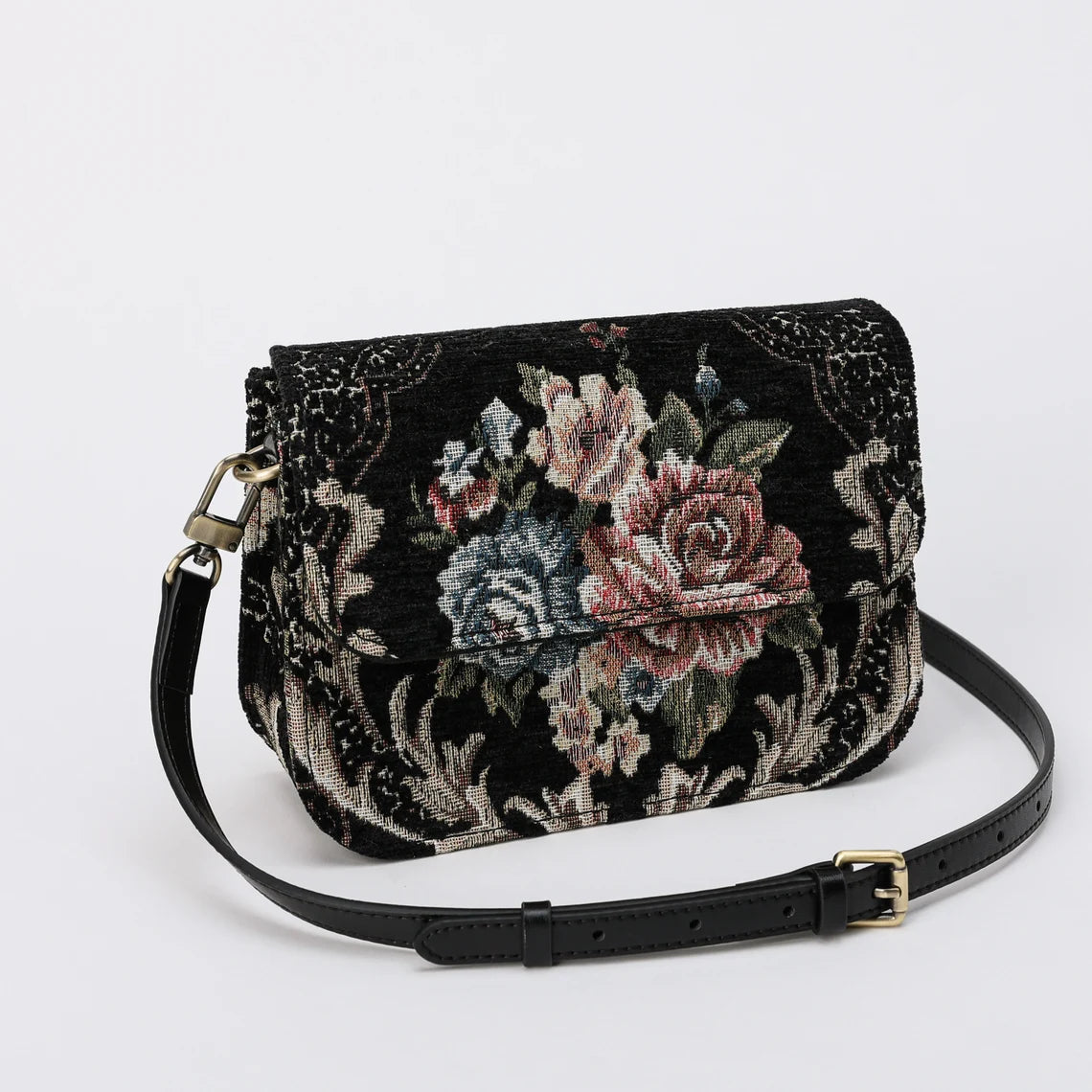 Floral Black Flap Crossbody Bag carpet bag MCW Handmade-3