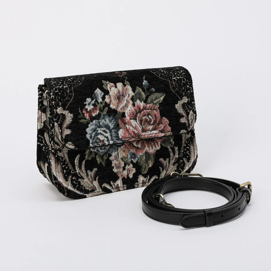 Floral Black Flap Crossbody Bag carpet bag MCW Handmade-2