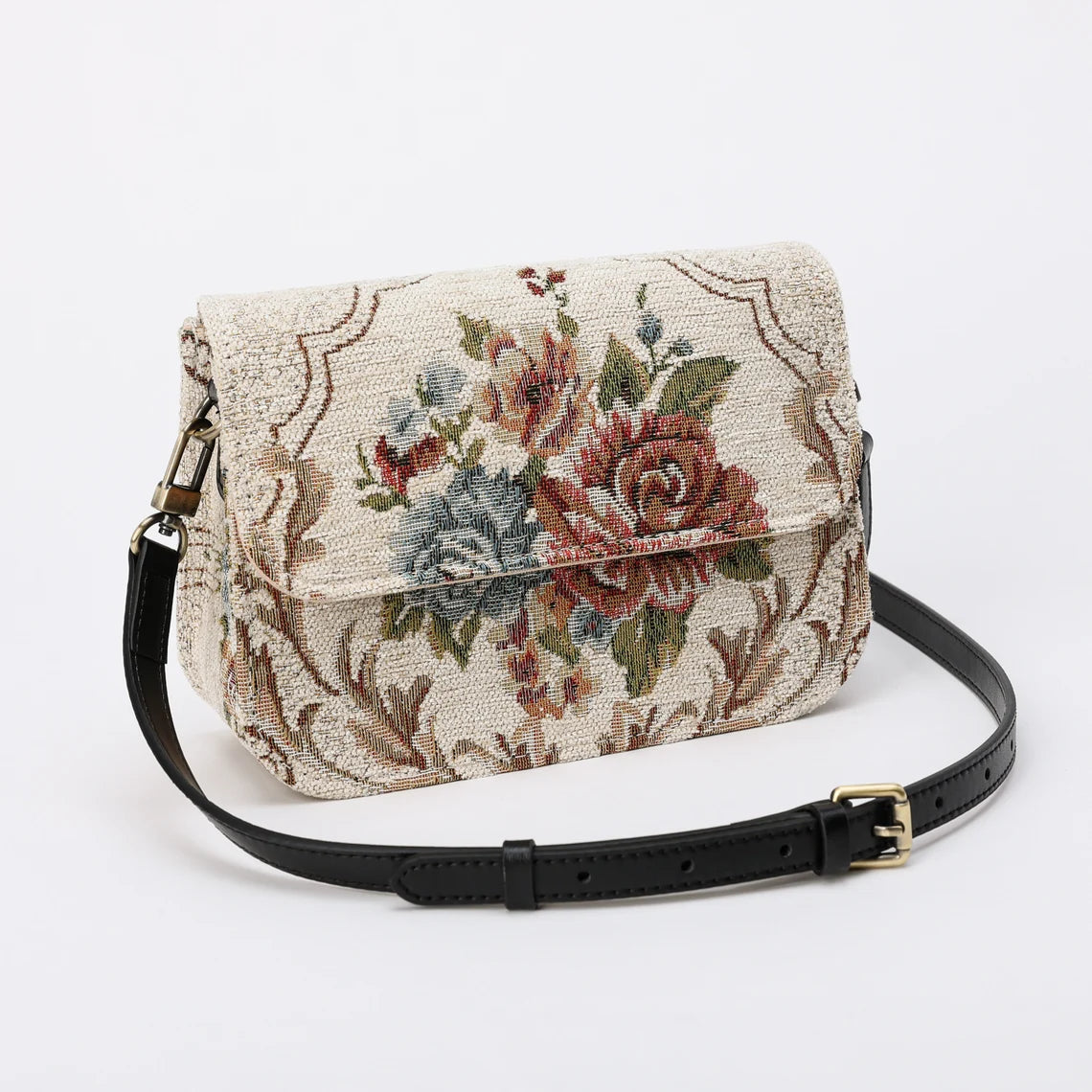 Floral Cream Flap Crossbody Bag carpet bag MCW Handmade-3