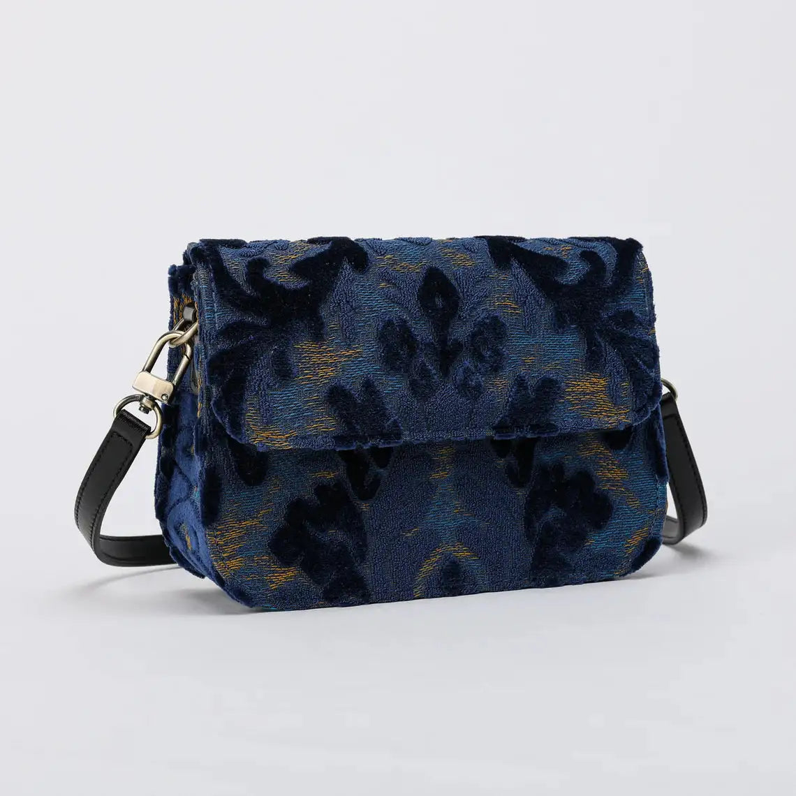 Burnout Velvet Navy Flap Crossbody Bag carpet bag of America main