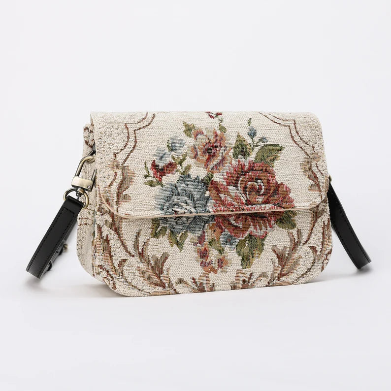 Floral Cream Flap Crossbody Bag carpet bag MCW Handmade