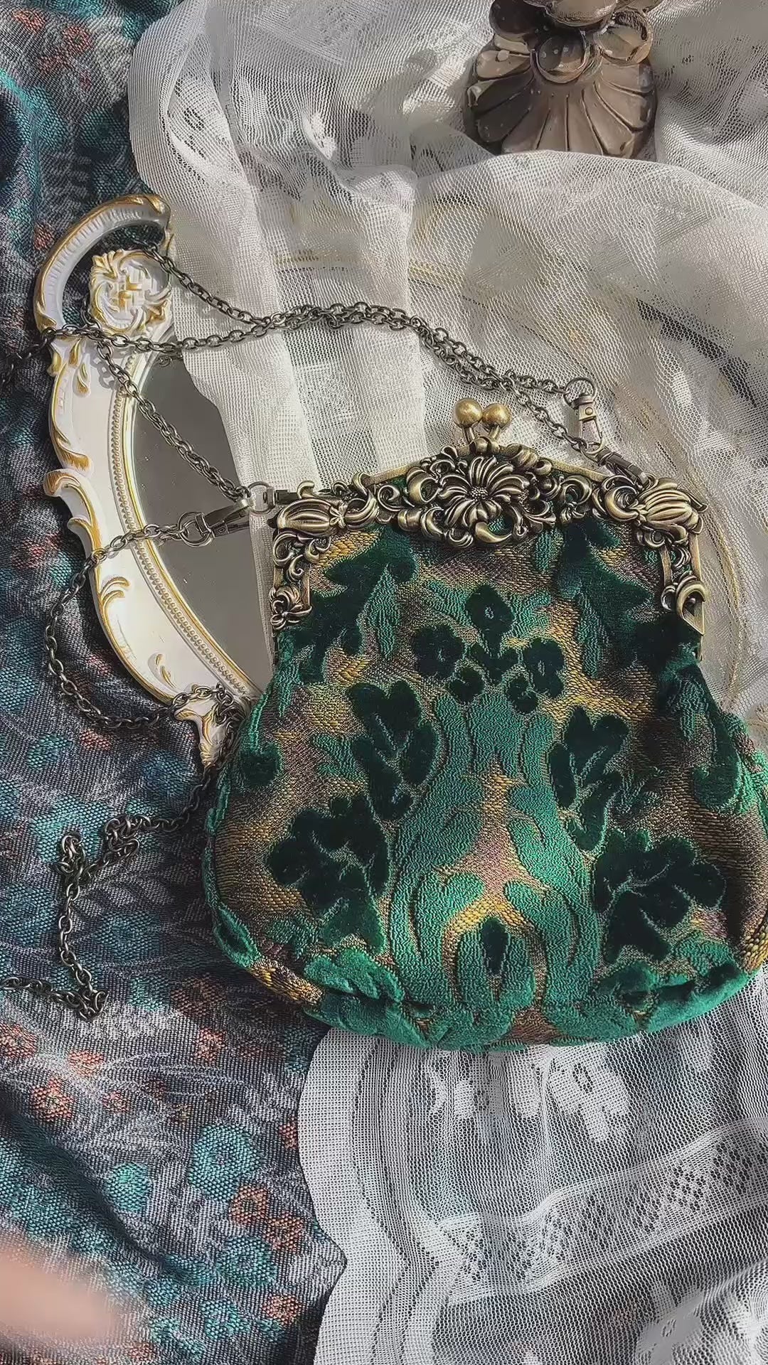 Burnout Velvet Jade Green Chatelaine Purse Large carpet bag of America video