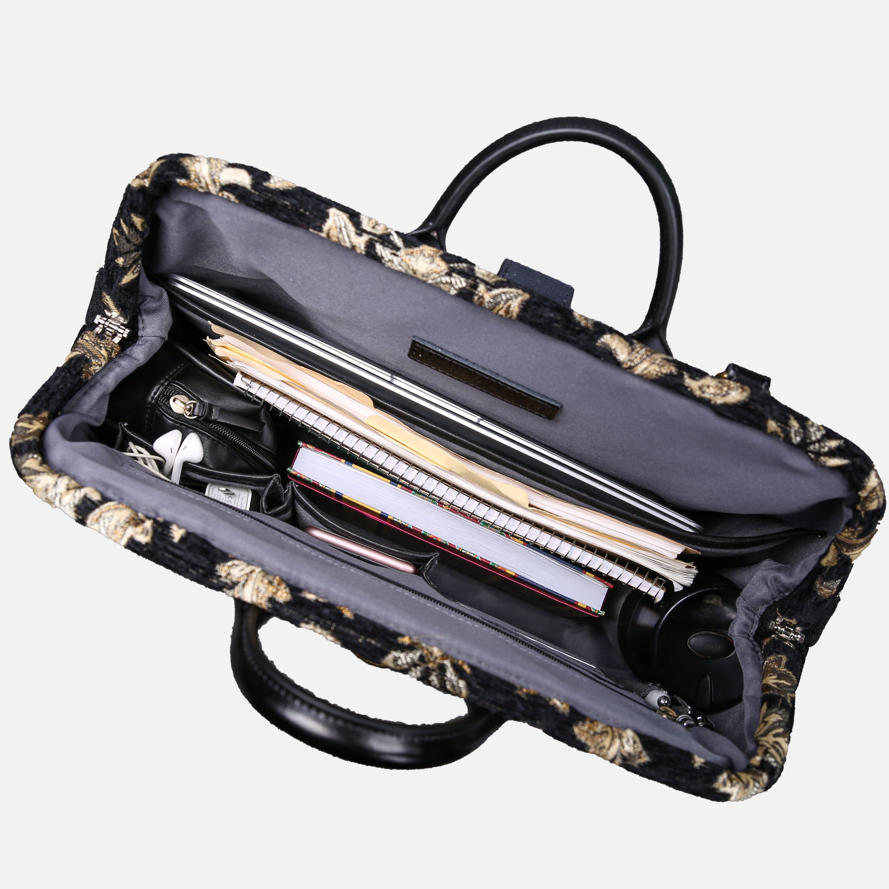 Victorian Blossom Black Gold Laptop Work Bag carpet bag MCW Handmade-5