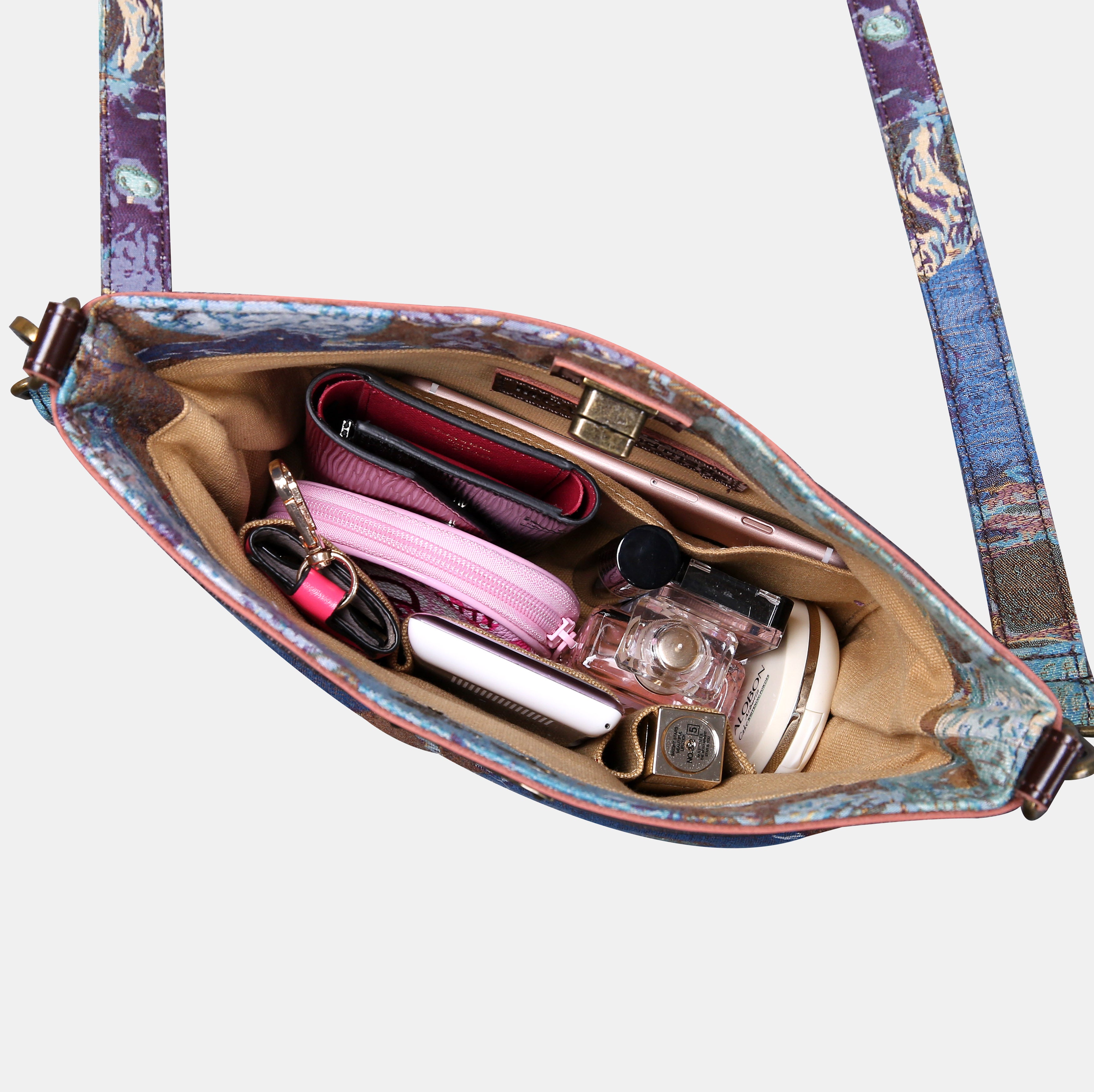 Abstract Blue Carpet Crossbody Bag carpet bag MCW Handmade of America in use