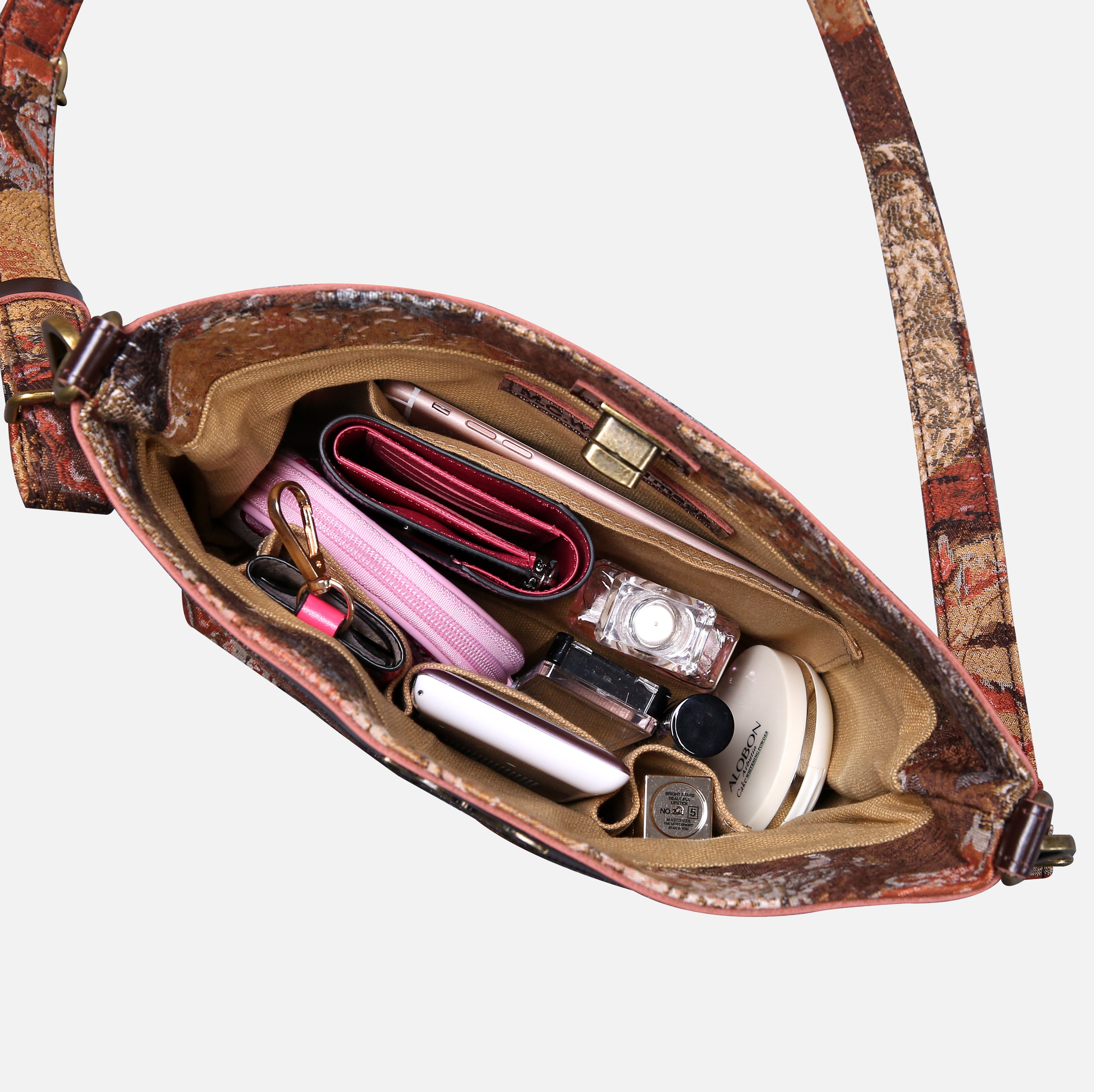 Abstract Brown Carpet Crossbody Bag carpet bag MCW Handmade of America in use