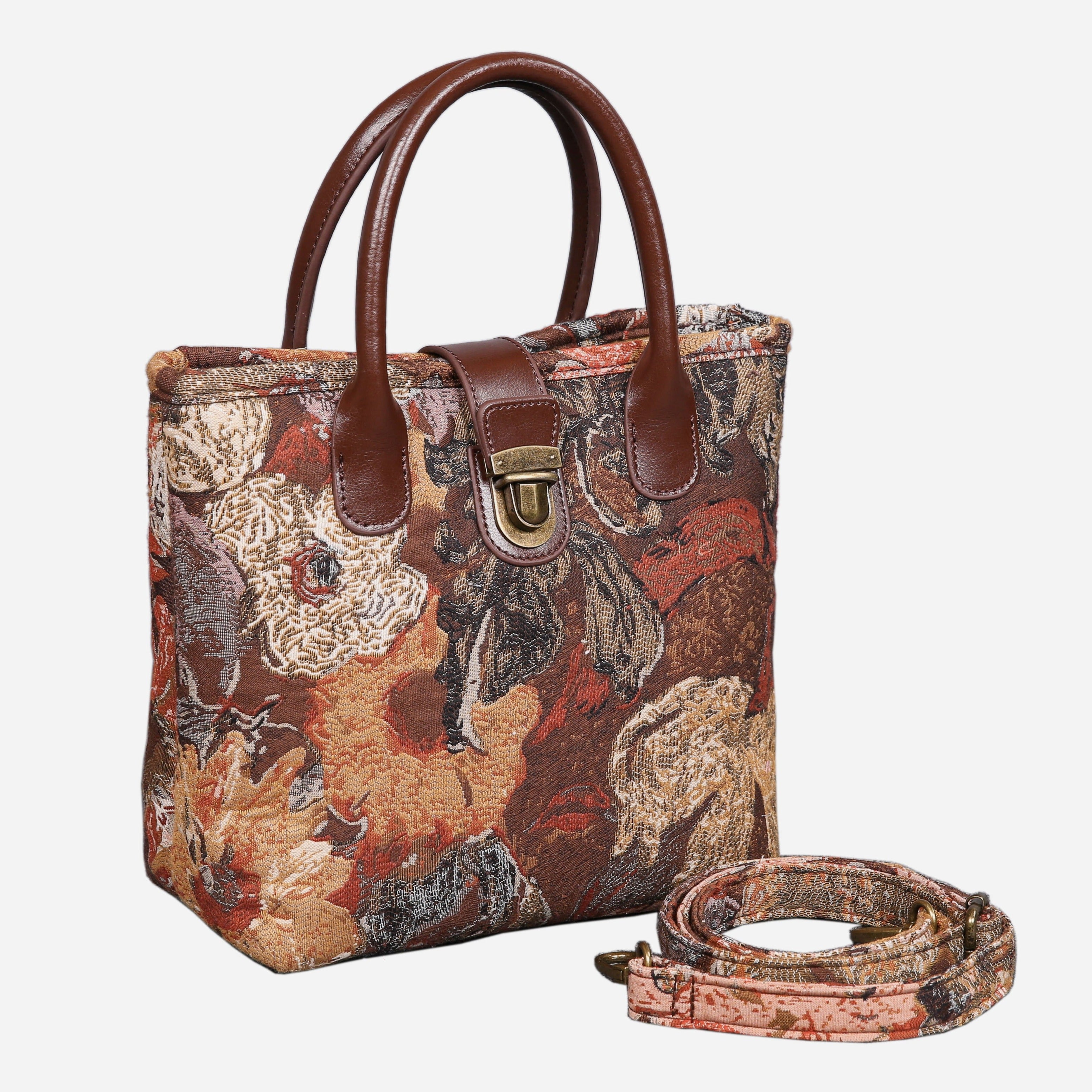 Abstract Brown Tuck Lock Carpet Satchel carpet bag MCW Handmade of America with strap