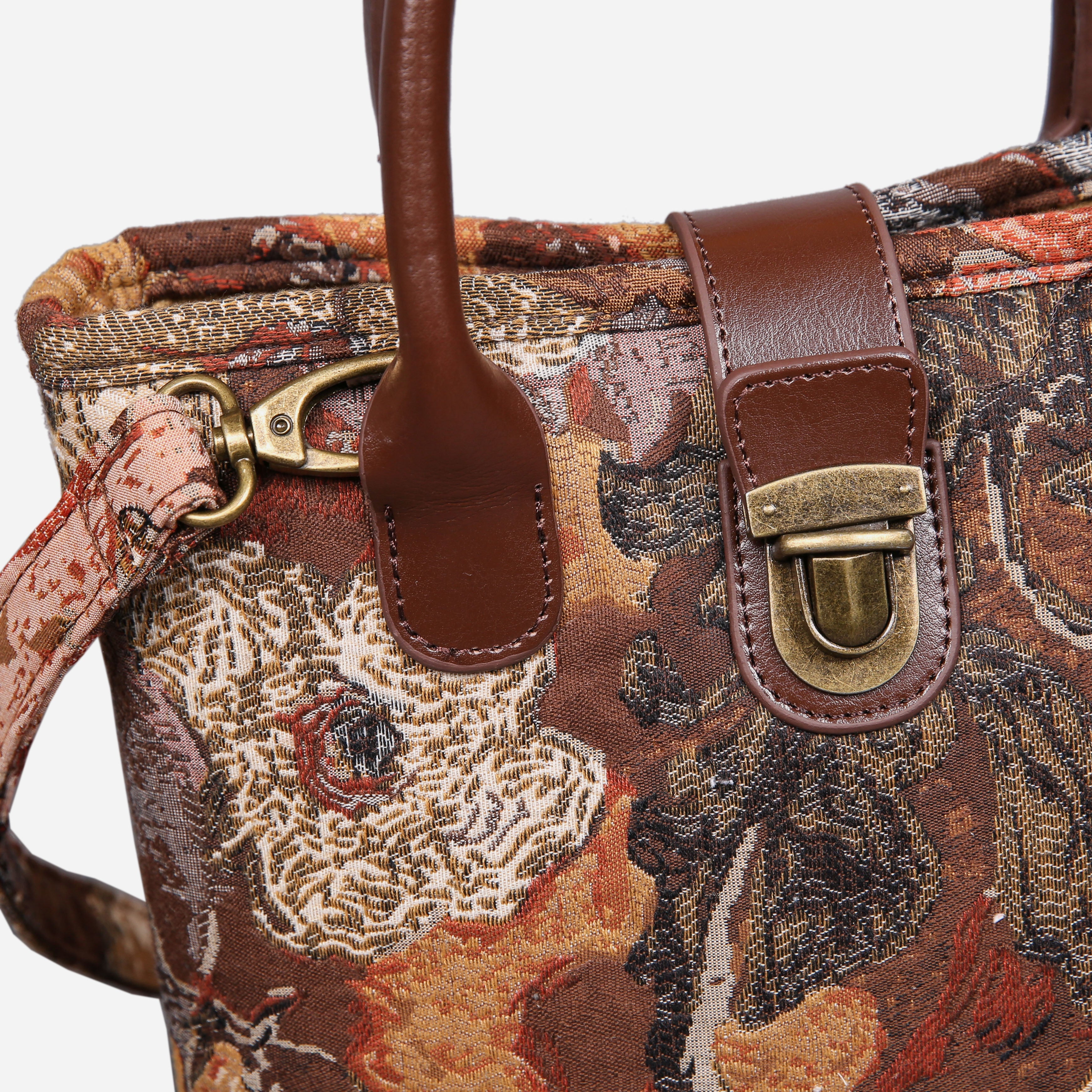 Abstract Brown Tuck Lock Carpet Satchel carpet bag MCW Handmade of America details