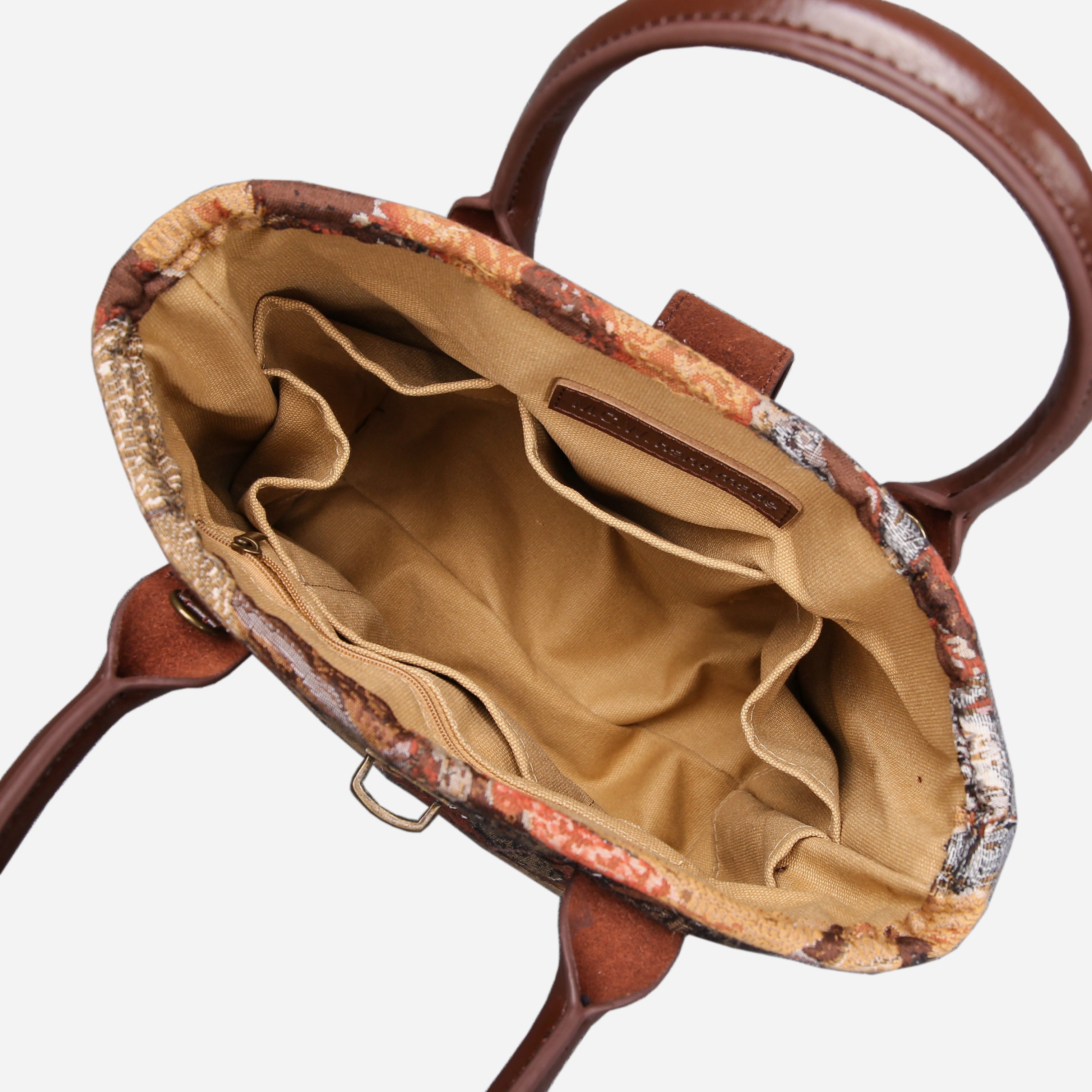 Abstract Brown Tuck Lock Carpet Satchel carpet bag MCW Handmade of America inside