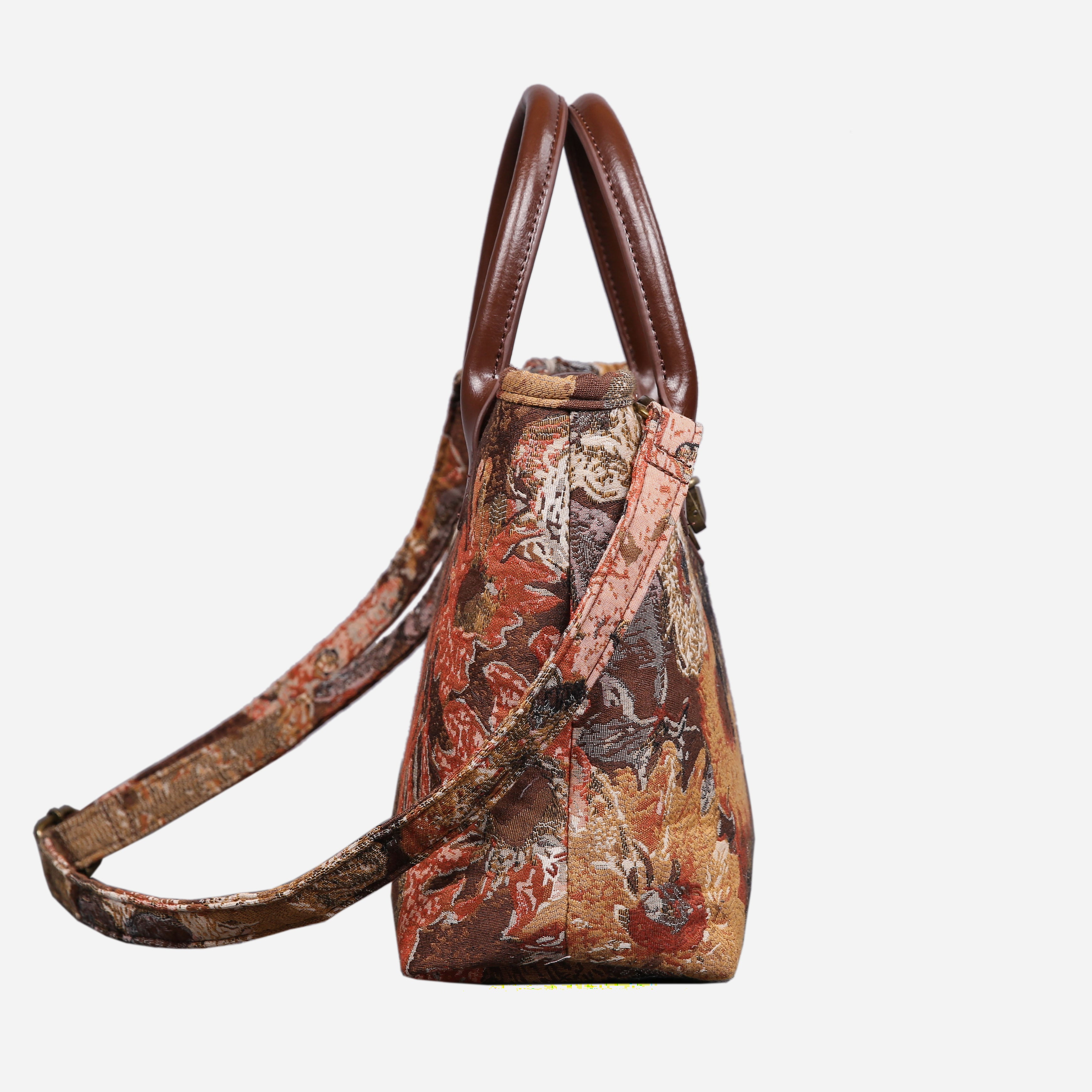 Abstract Brown Tuck Lock Carpet Satchel carpet bag MCW Handmade of America side