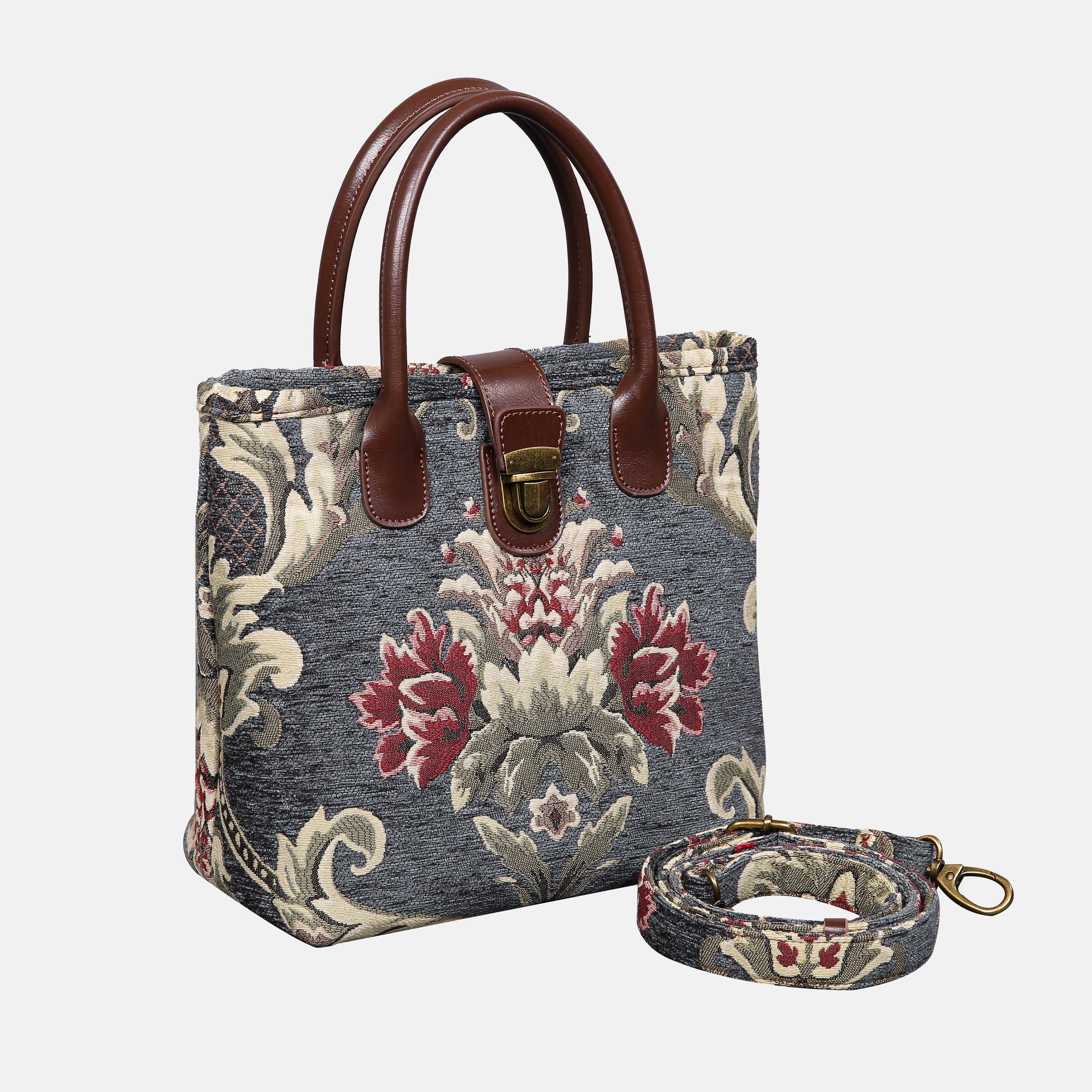 Baroque Floral Green Gray Tuck Lock Carpet Satchel carpet bag MCW Handmade of America with strap