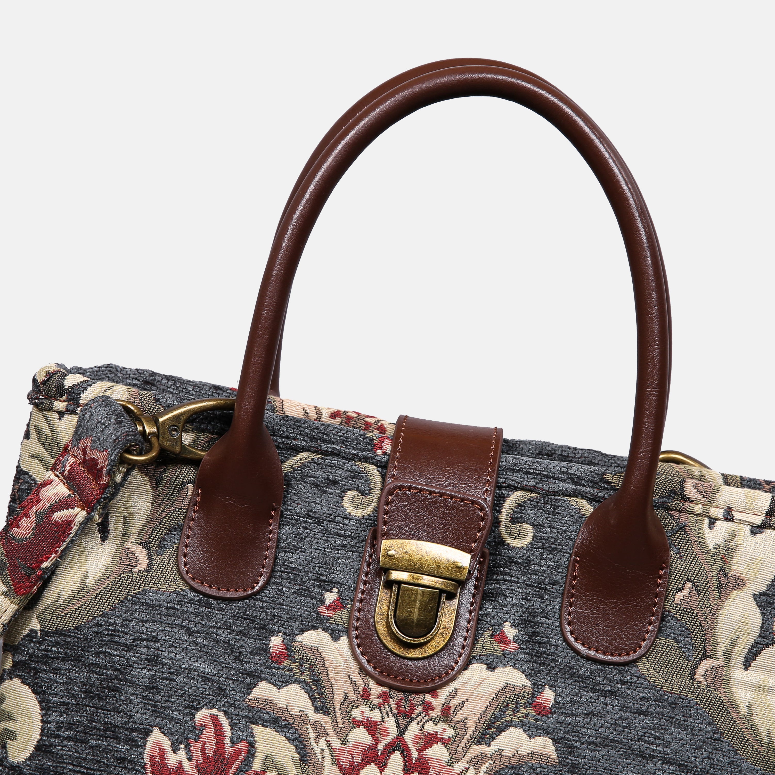 Baroque Floral Green Gray Tuck Lock Carpet Satchel carpet bag MCW Handmade of America details