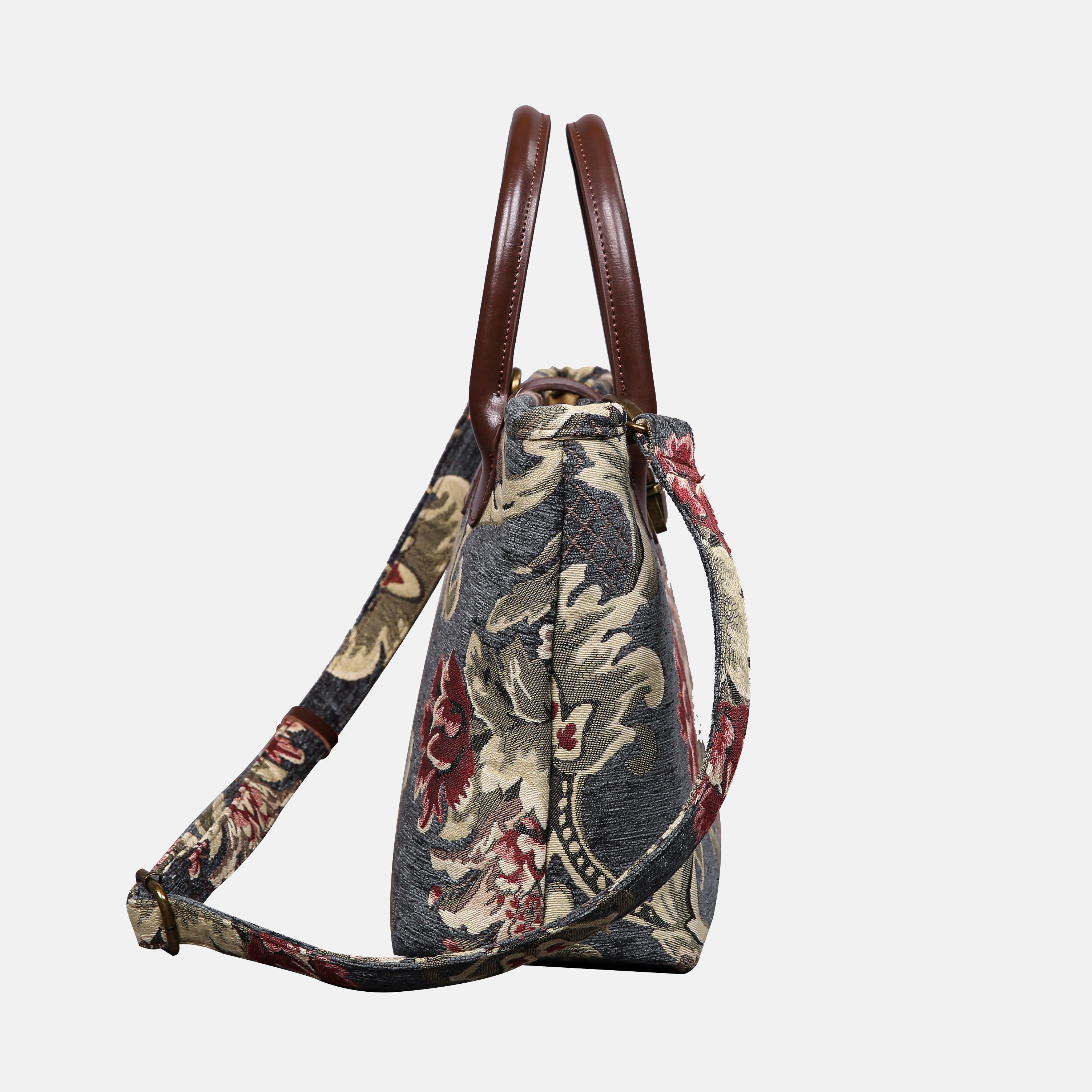 Baroque Floral Green Gray Tuck Lock Carpet Satchel carpet bag MCW Handmade of America side