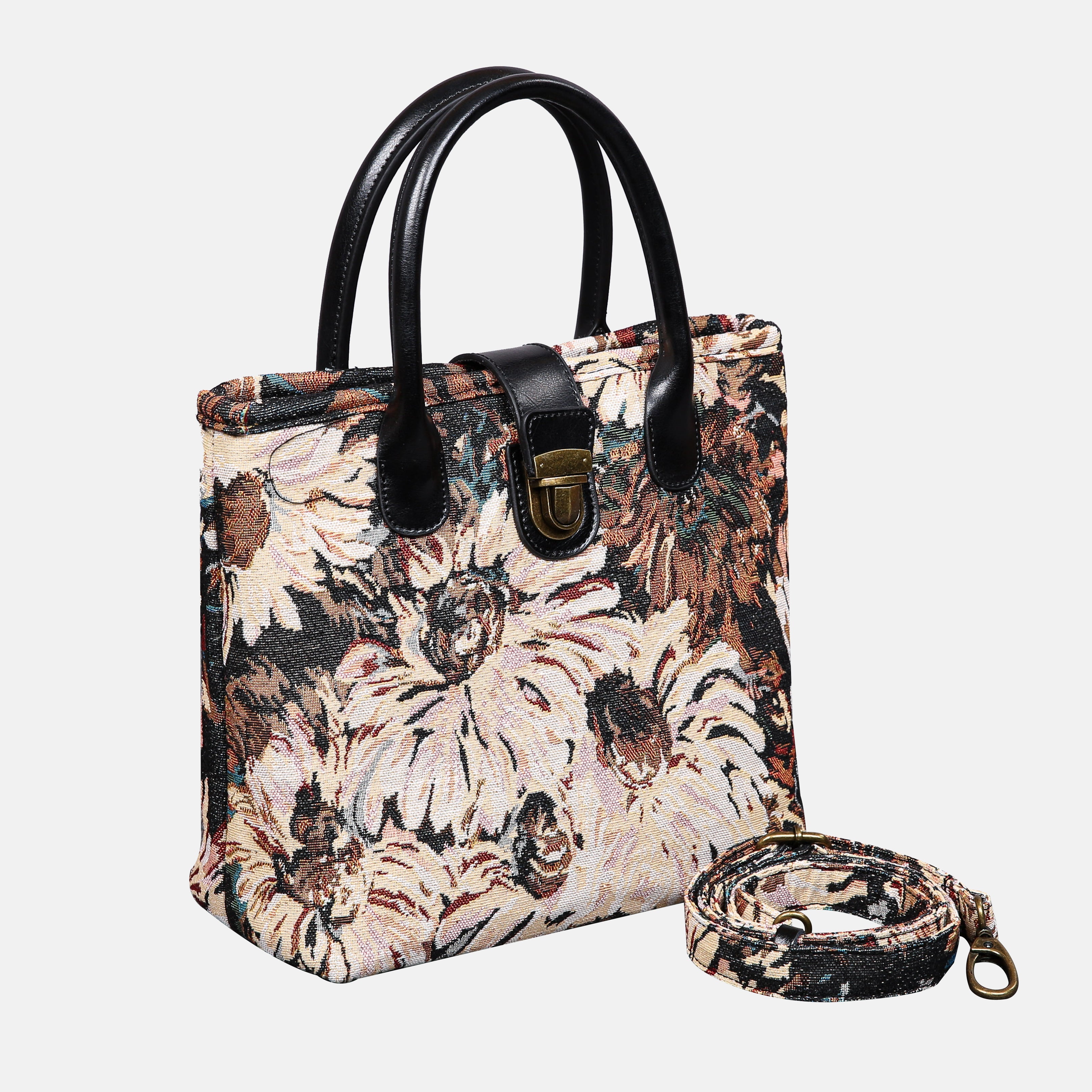 Blooming Daisy Black Tuck Lock Carpet Satchel carpet bag MCW Handmade of America with strap