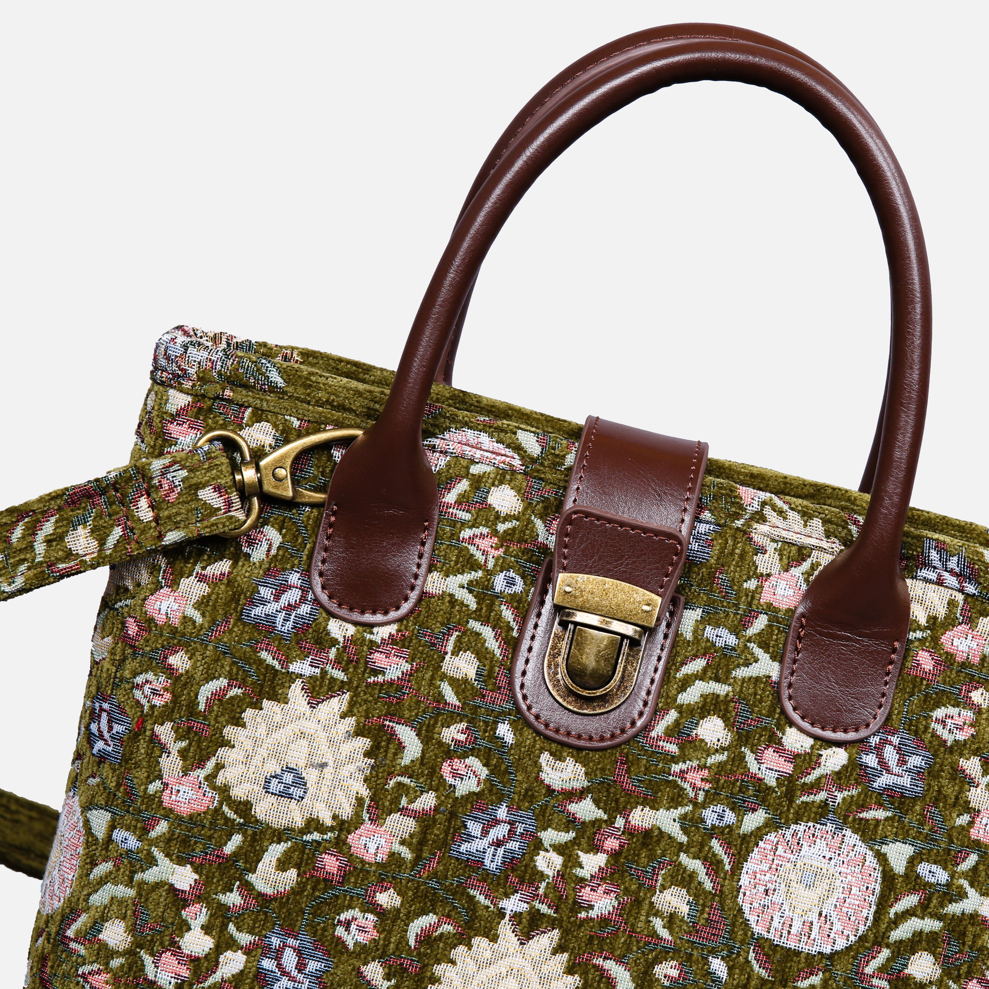 Oriental Floral Tuck Lock Carpet Satchel carpet bag MCW Handmade Avocado detail