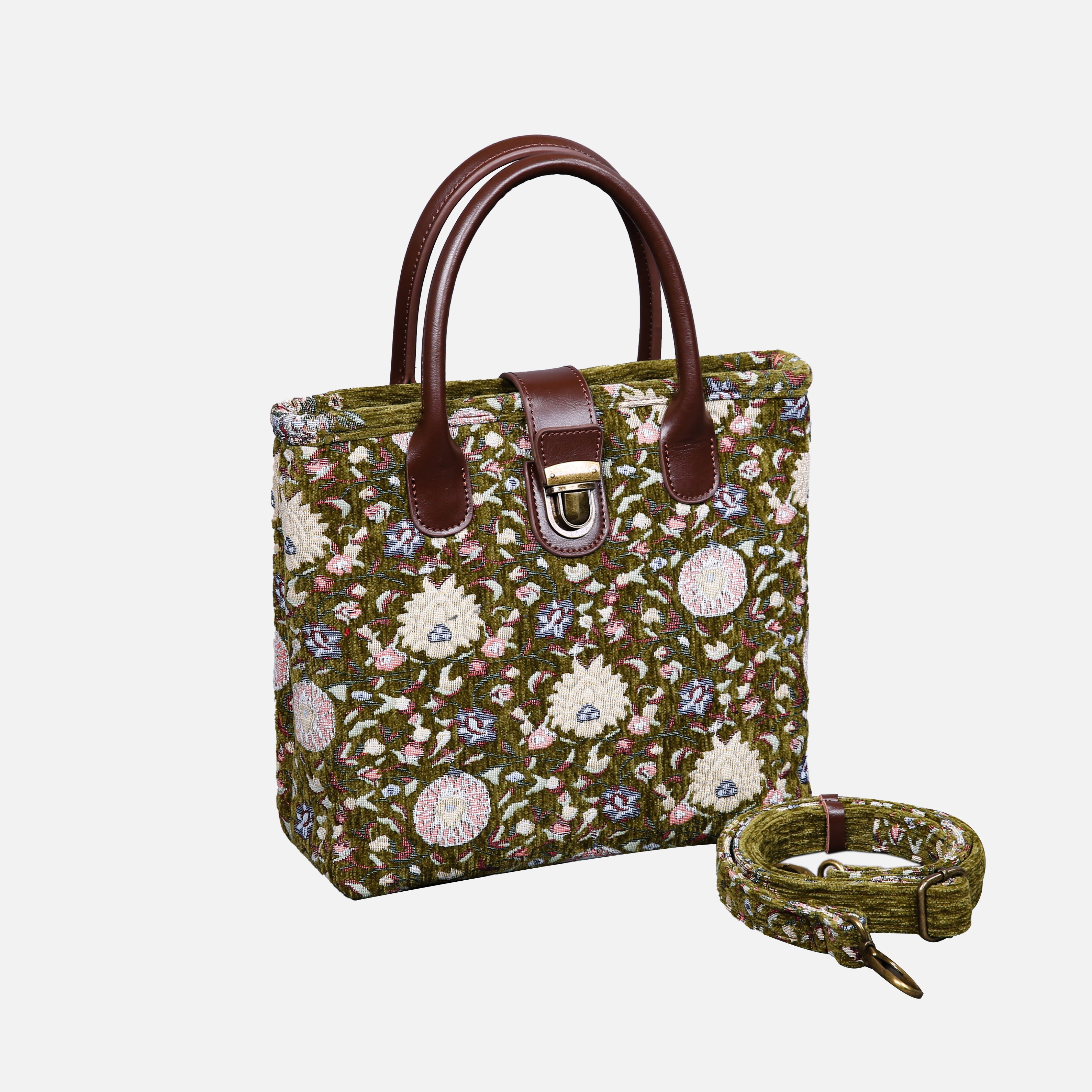 Oriental Floral Tuck Lock Carpet Satchel carpet bag MCW Handmade Avocado front side