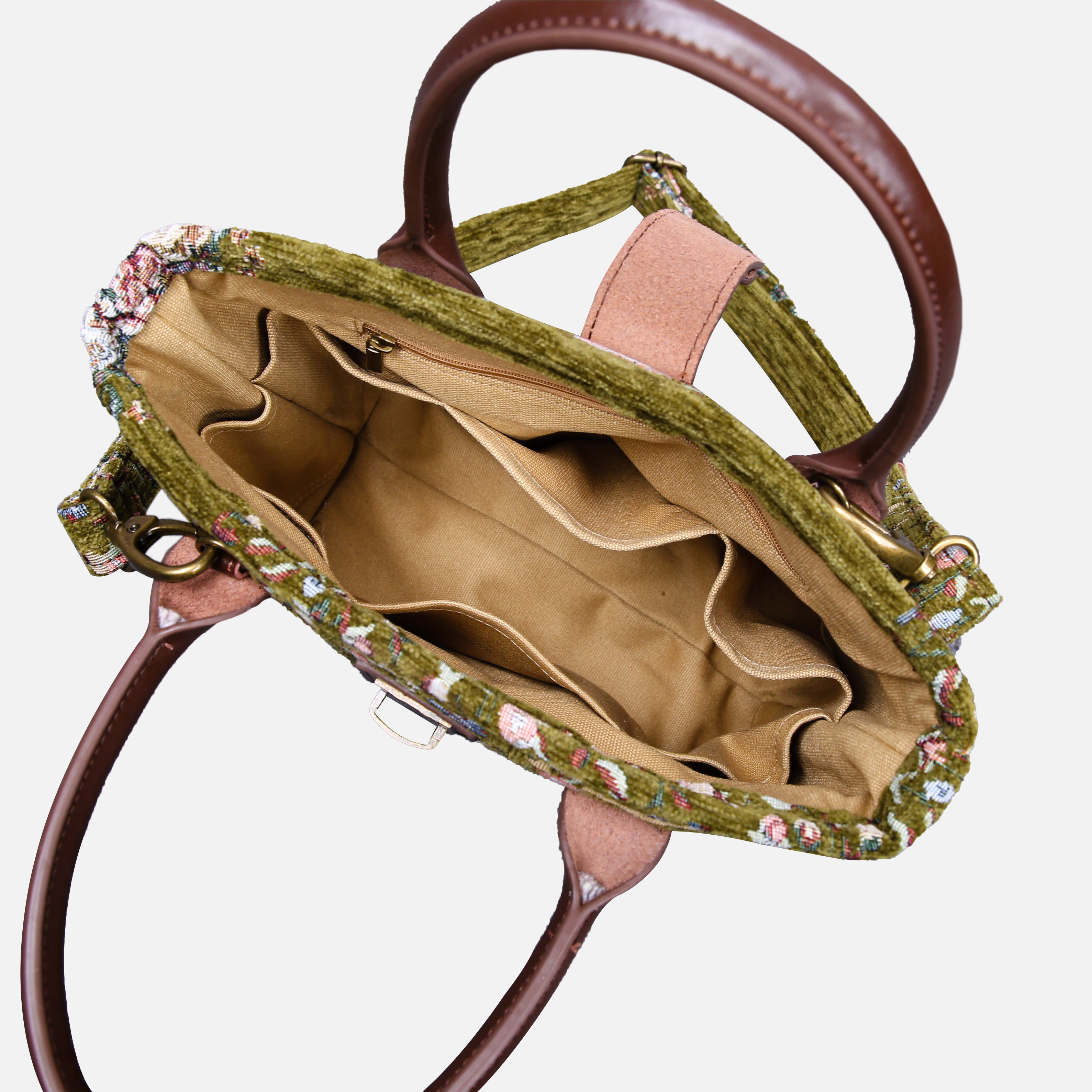 Oriental Floral Tuck Lock Carpet Satchel carpet bag MCW Handmade Avocado inside