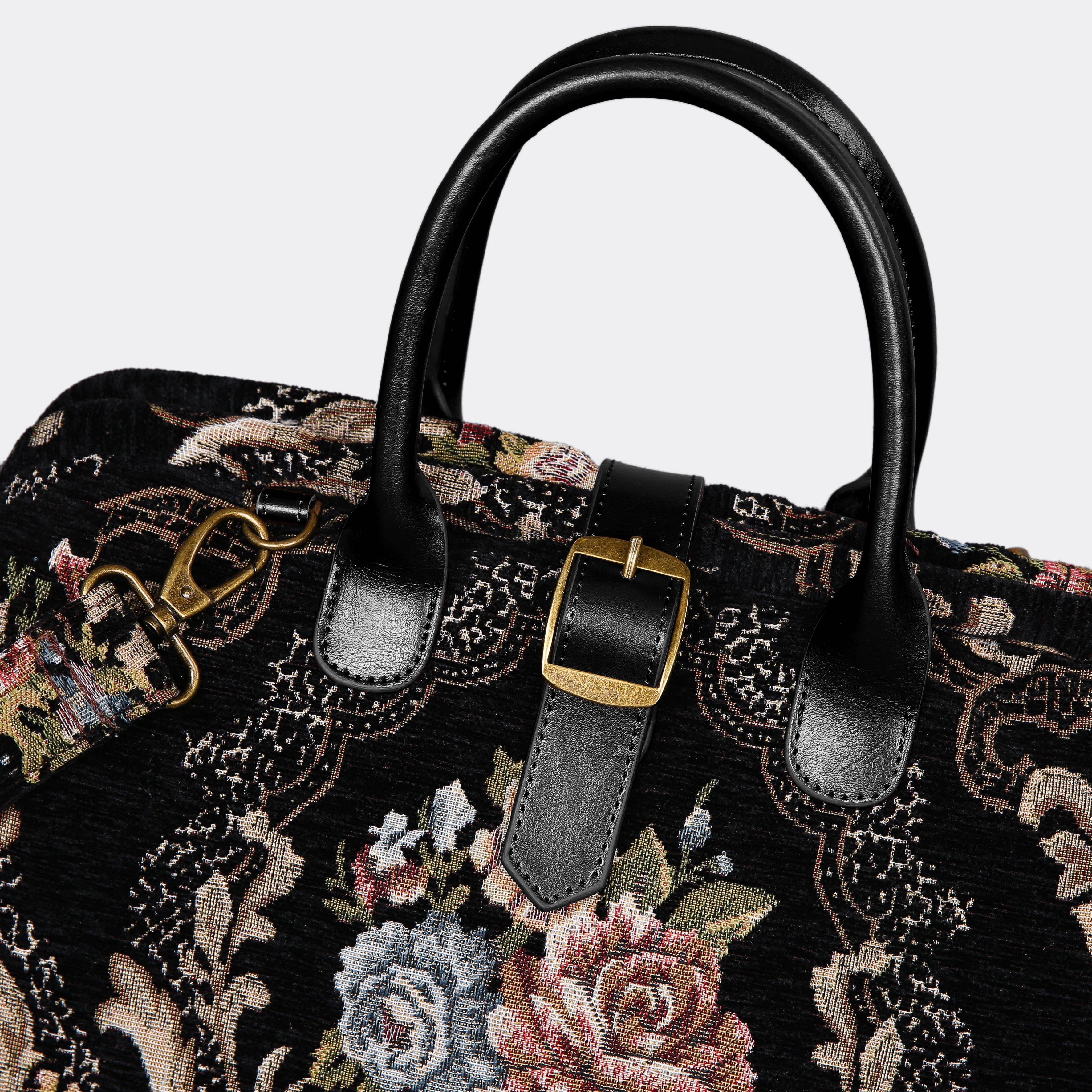 Floral Black Leather Black Mary Poppins Weekender carpet bag MCW Handmade-3