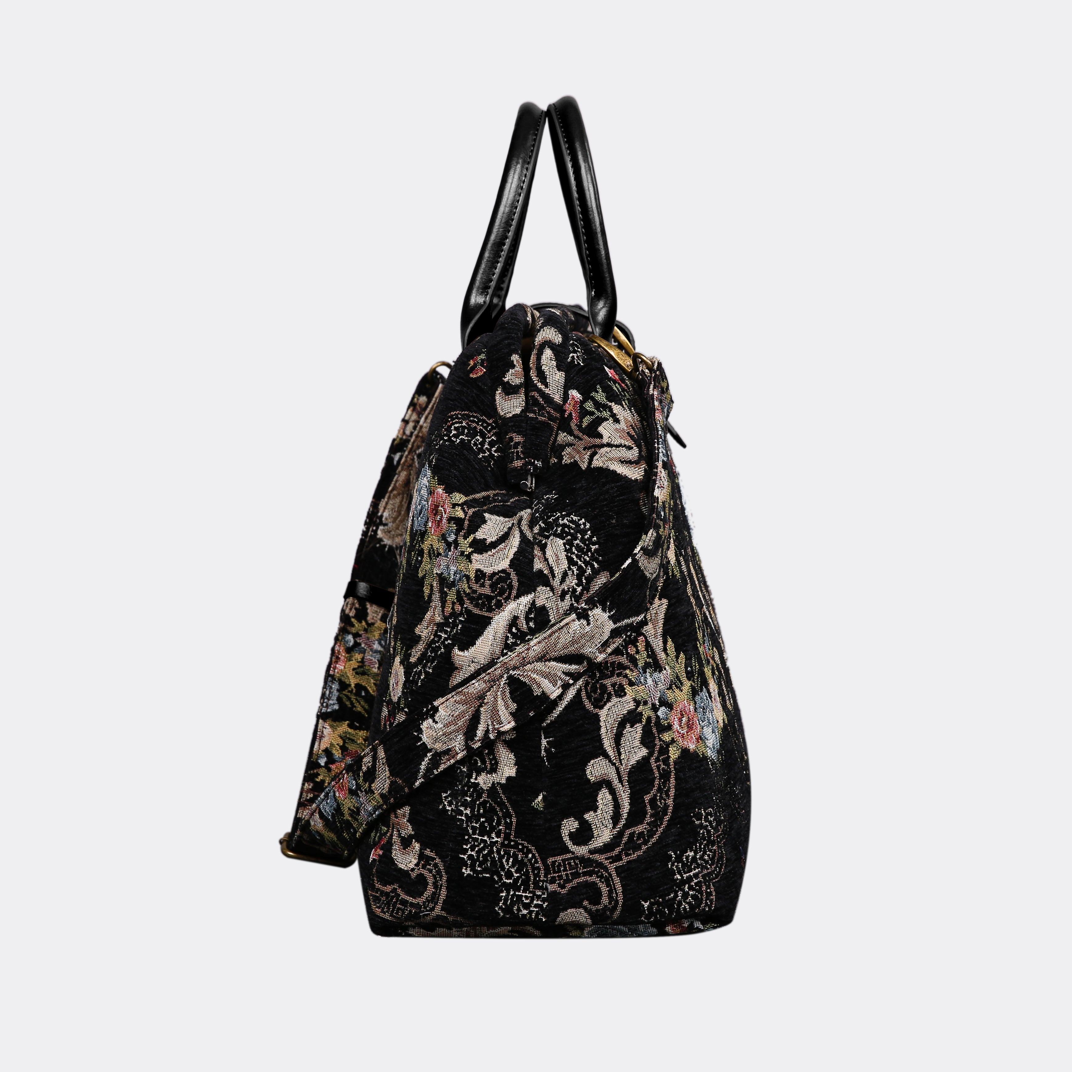 Floral Black Leather Black Mary Poppins Weekender carpet bag MCW Handmade-2