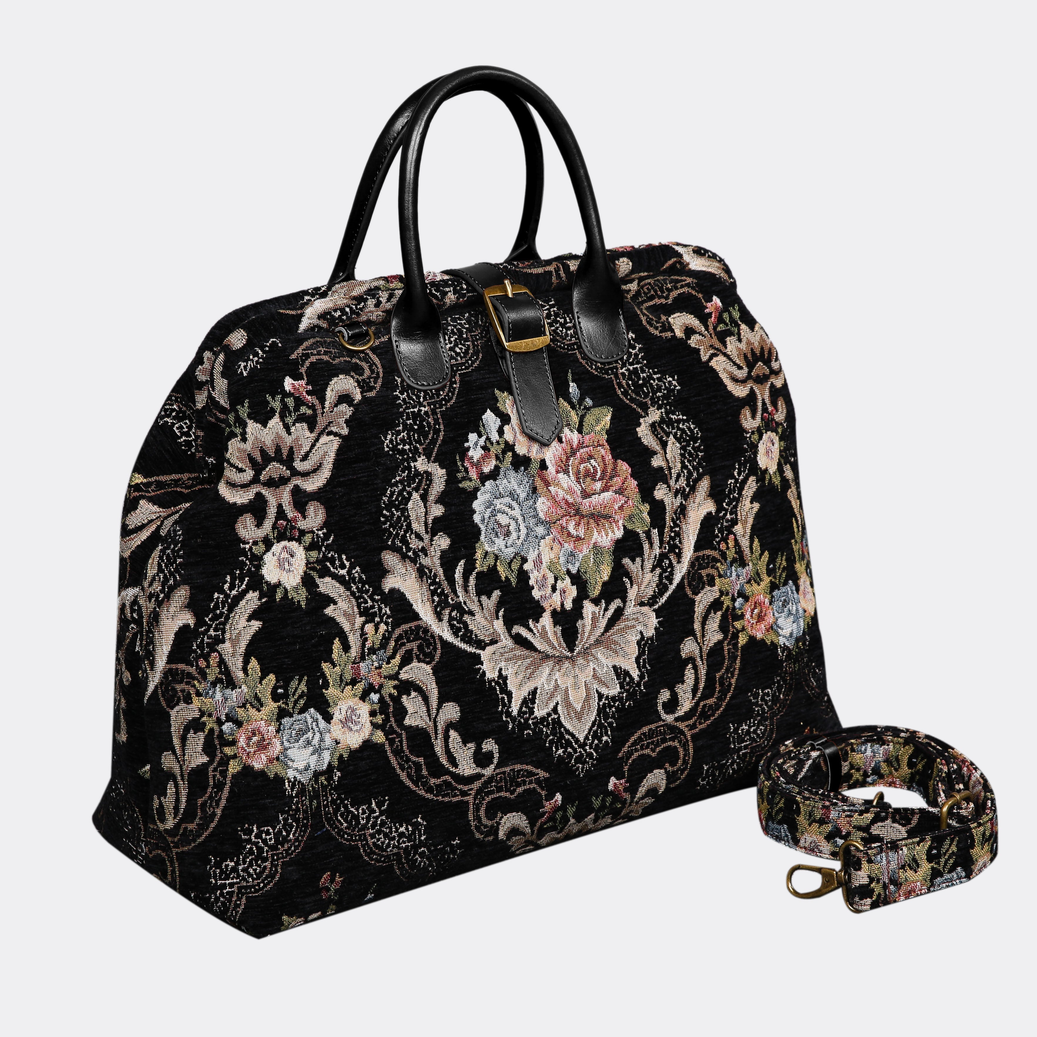 Floral Black Leather Black Mary Poppins Weekender carpet bag MCW Handmade-1