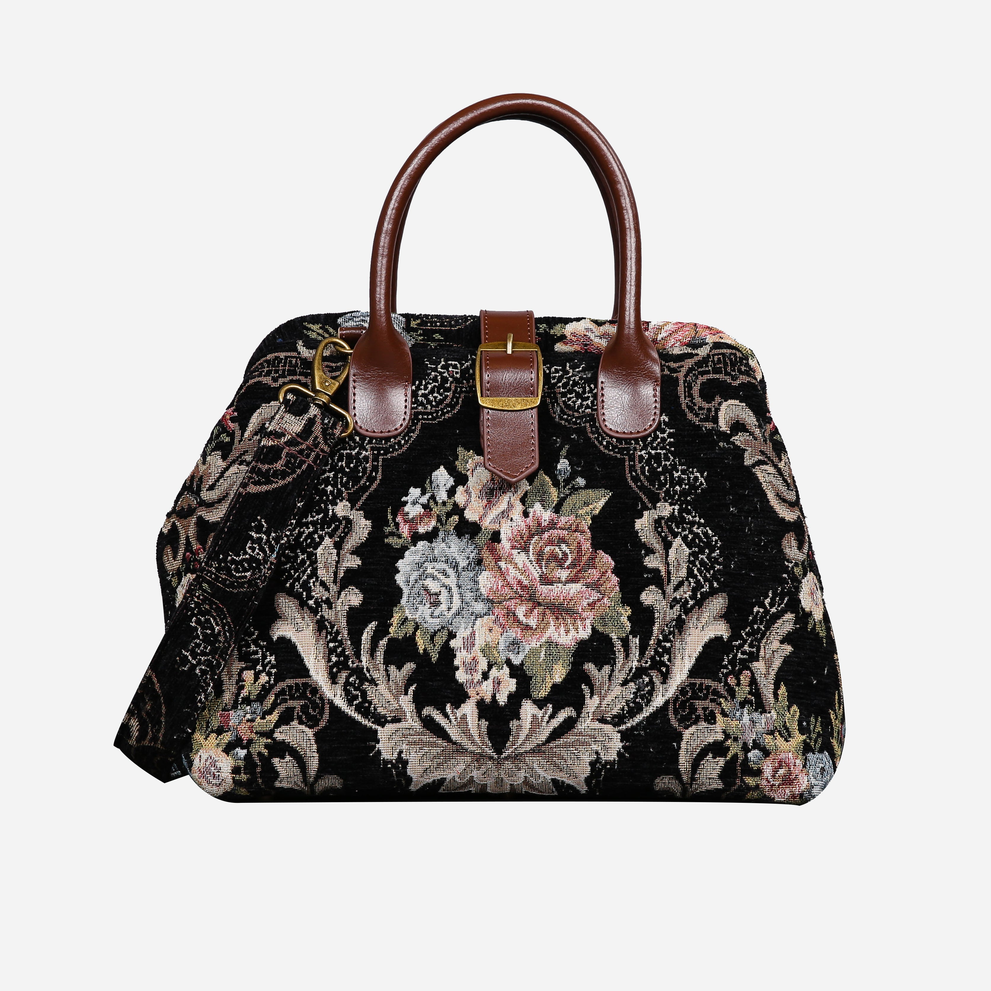 Floral Black Leather Brown Carpet Handbag Purse carpet bag MCW Handmade