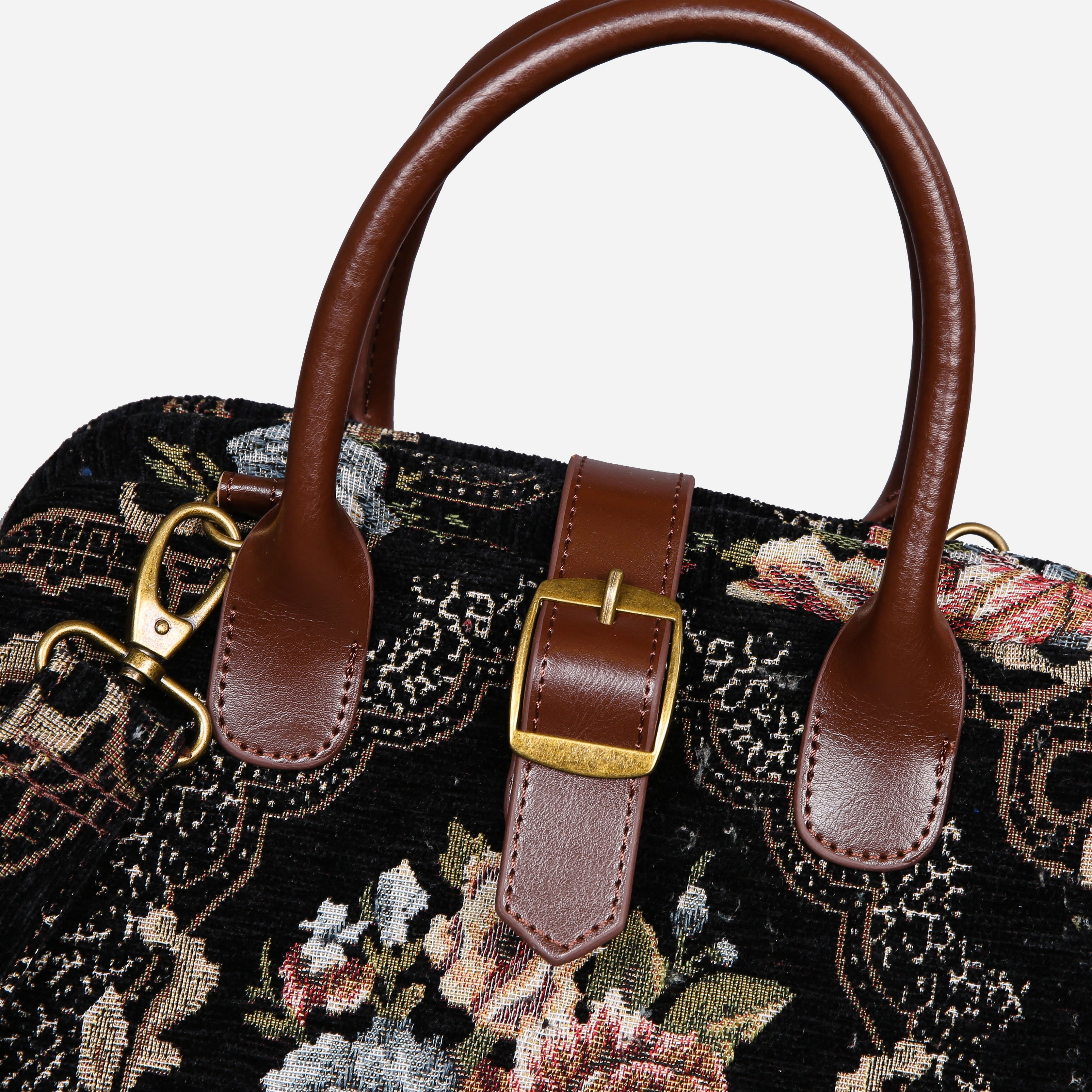 Floral Black Leather Brown Carpet Handbag Purse carpet bag MCW Handmade-3