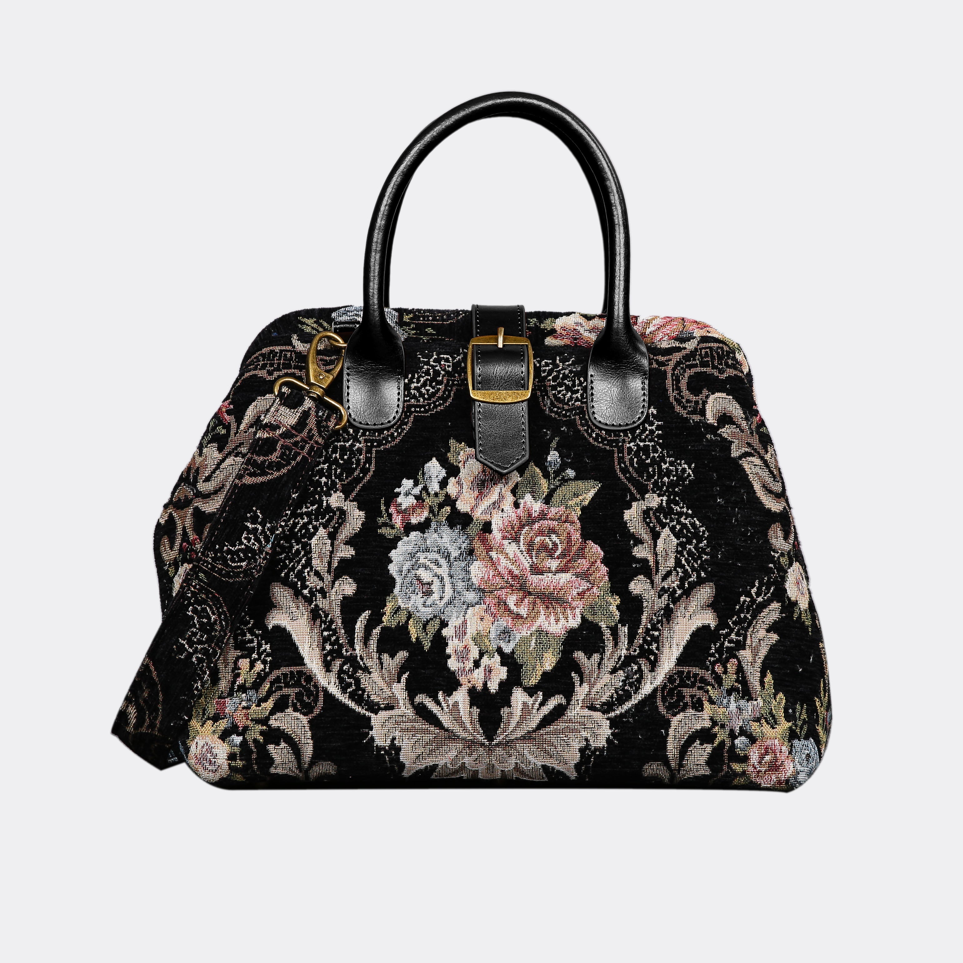 Floral Black Leather Black Carpet Handbag Purse carpet bag MCW Handmade