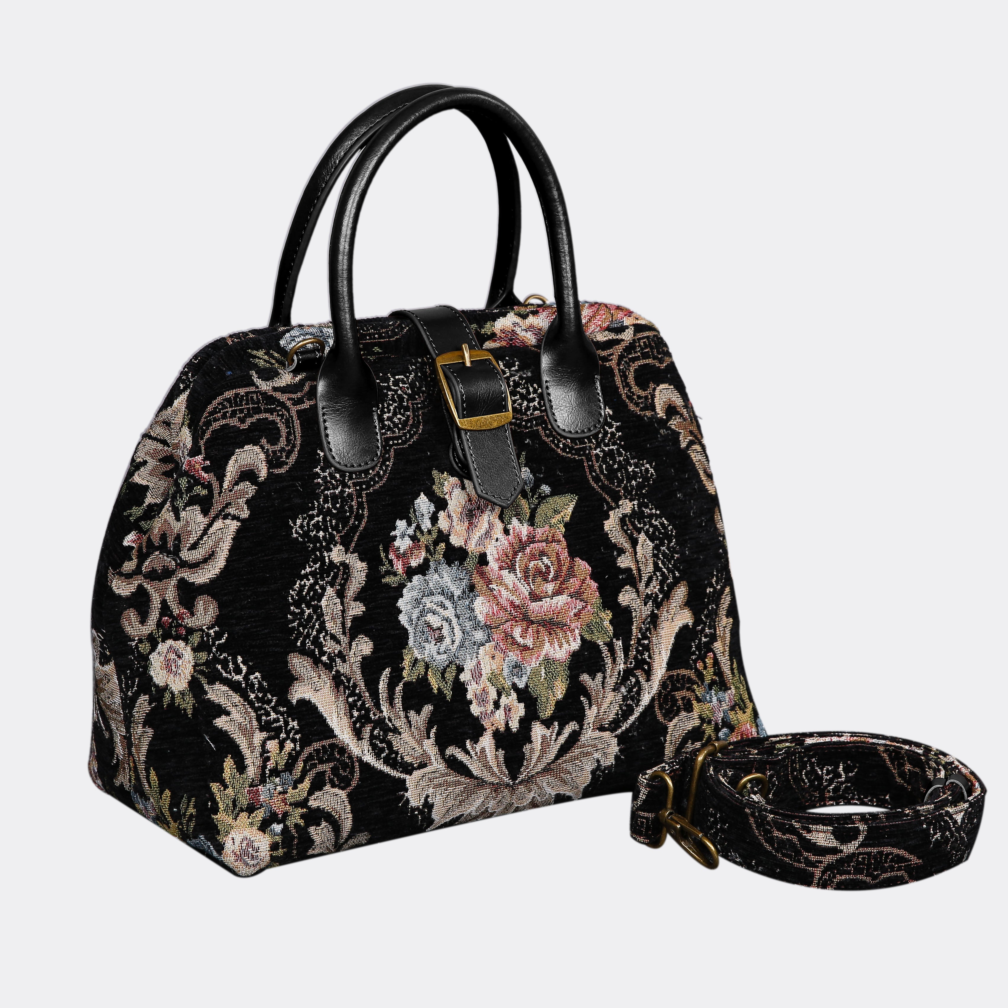 Floral Black Leather Black Carpet Handbag Purse carpet bag MCW Handmade-1
