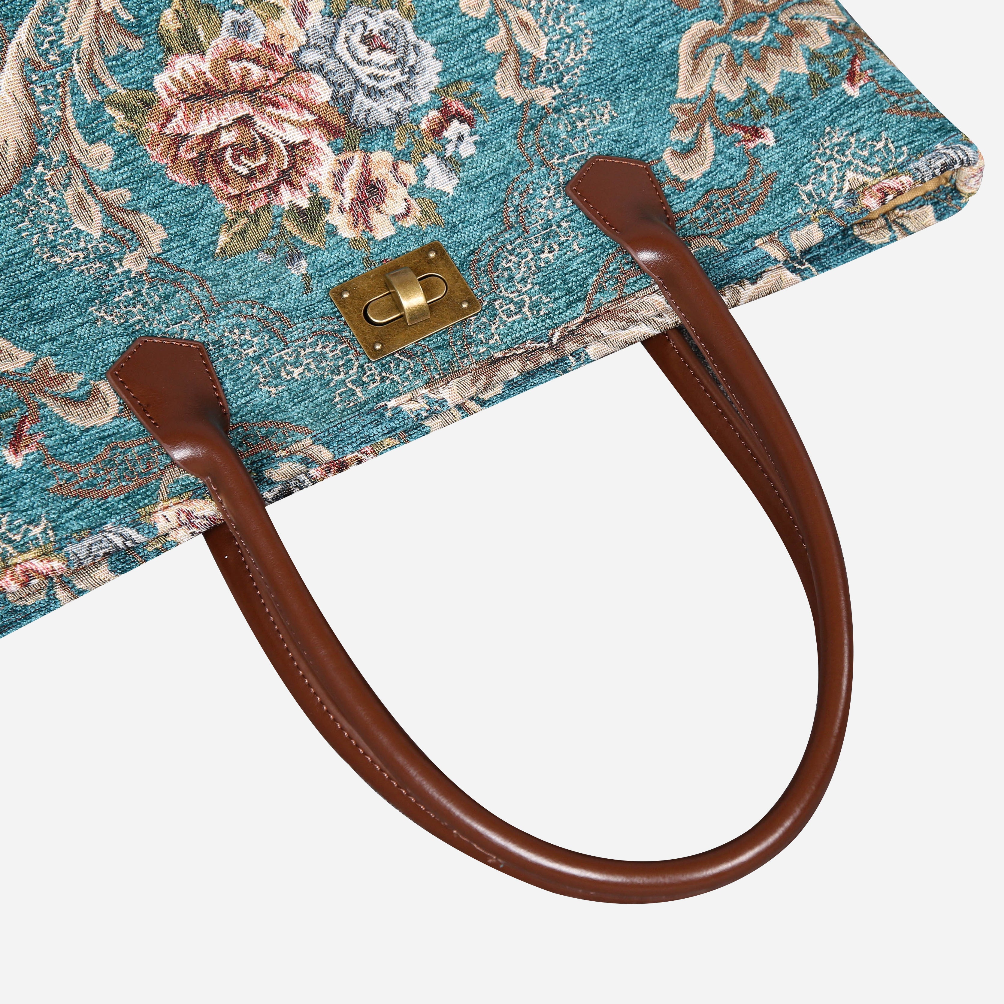 Floral Teal Carpet Tote Shopper carpet bag MCW Handmade-4