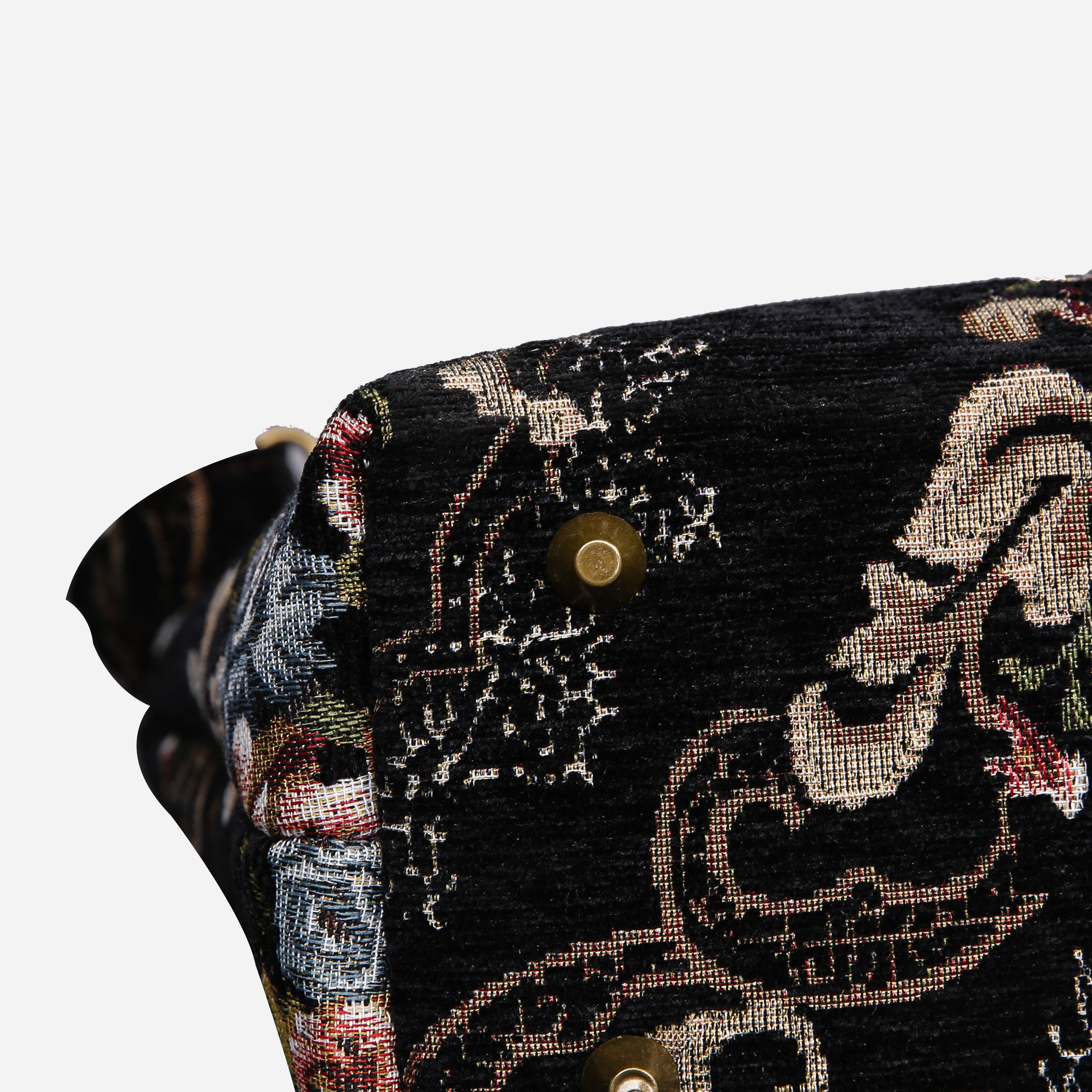 Floral Black Leather Brown Tuck Lock Carpet Satchel carpet bag MCW Handmade-4