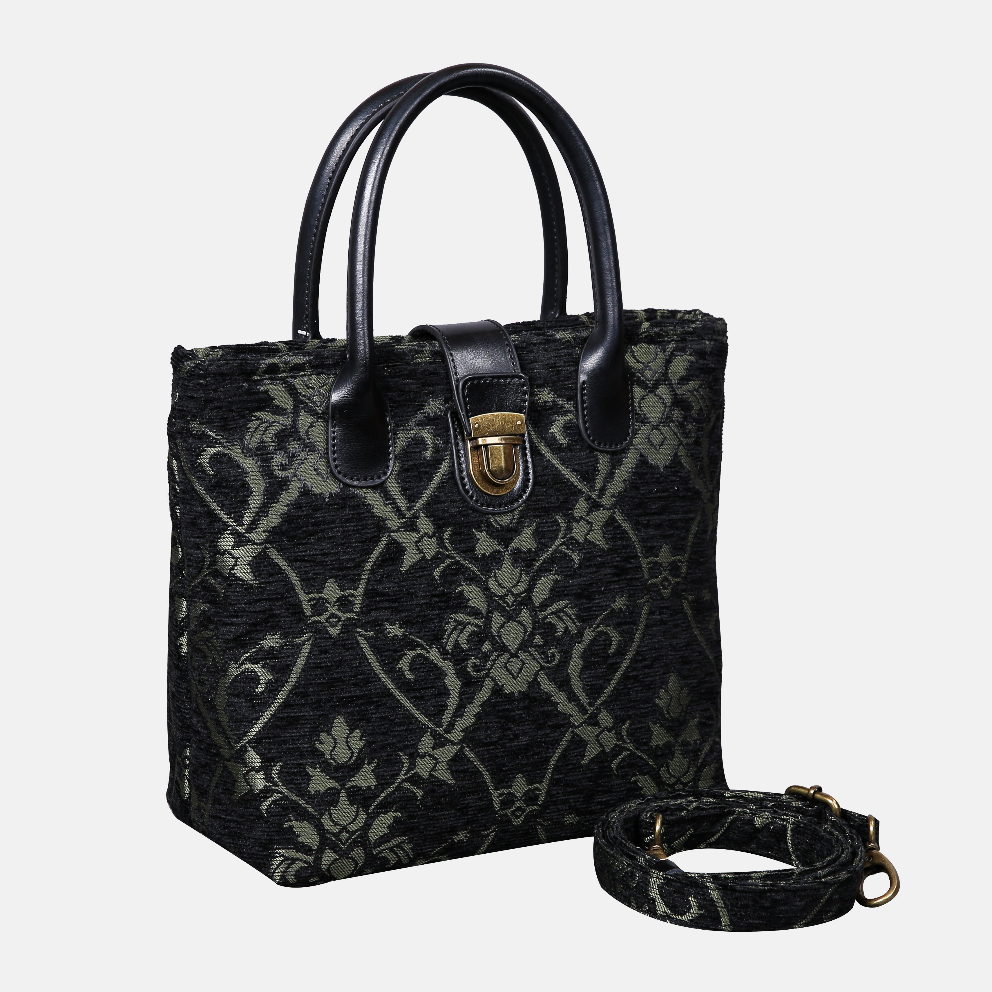 Carnaby Black/Dark Green Tuck Lock Carpet Satchel carpet bag MCW Handmade of America with strap